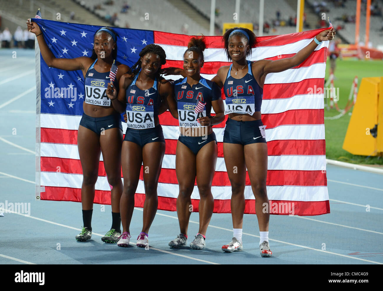 BARCELONA, Spain: Saturday 14 July 2012, The 4x100m relay team from the USA (Derezea Bryant, Morgan Snow, Jennifer Madu and Shayla Sanders) during day 5 of the IAAF World Junior Championships at the Estadi Olimpic de Montjuic. Photo by Roger Sedres/ImageSA Stock Photo