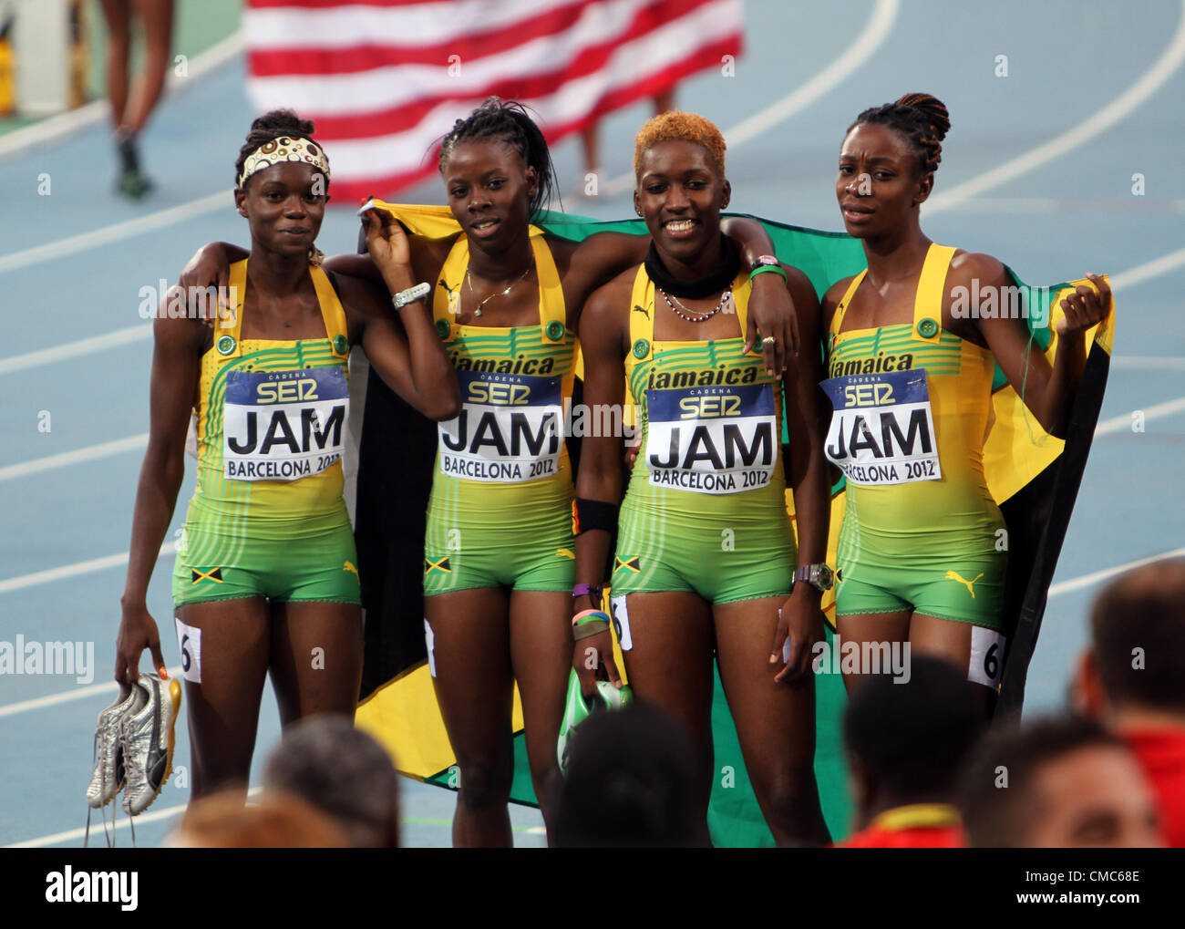 Jamaican team silver medalists of the 400 meters relay race on th 2012 IAAF World Junior Athletics Championships Barcelona July 15th Stock Photo