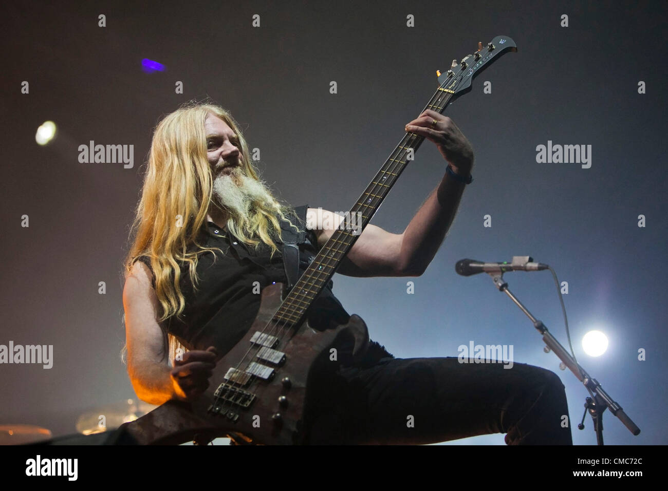 Marco Hietala of group Nightwish from Finland performs during the International music festival Masters of Rock in Vizovice, Czech Republic, on Sunday, July 15, 2012. (CTK Photo/Josef Omelka) Stock Photo