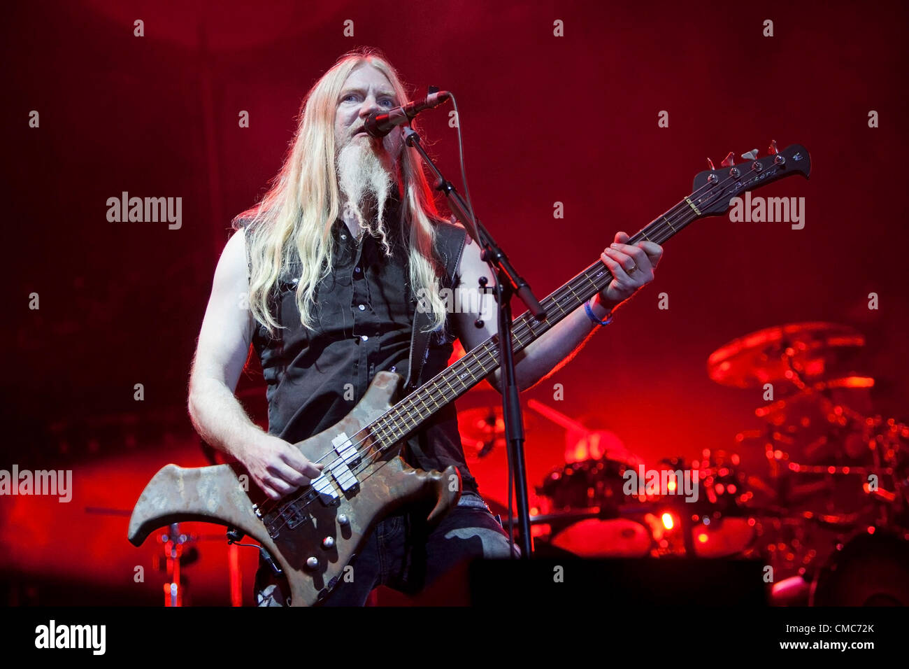 Marco Hietala of group Nightwish from Finland performs during the International music festival Masters of Rock in Vizovice, Czech Republic, on Sunday, July 15, 2012. (CTK Photo/Josef Omelka) Stock Photo