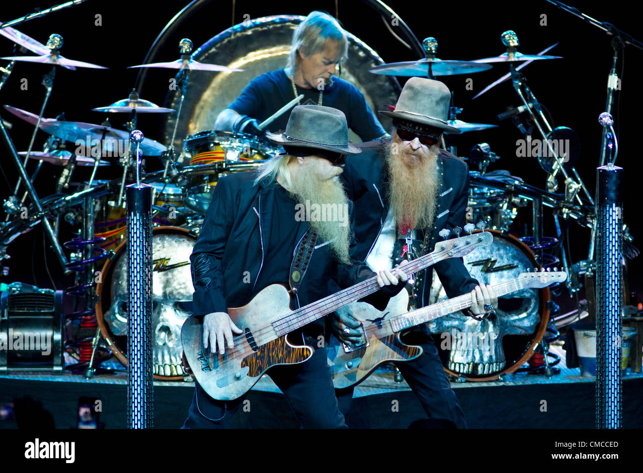 July 16, 2012 - Moscow, Russia - July 16,2012.Moscow,Russia.American blues rock band ZZ Top performing live in Moscow. Pictured: l-r members of the band Dusty Hill and Billy Gibbons  (Credit Image: © PhotoXpress/ZUMAPRESS.com) Stock Photo