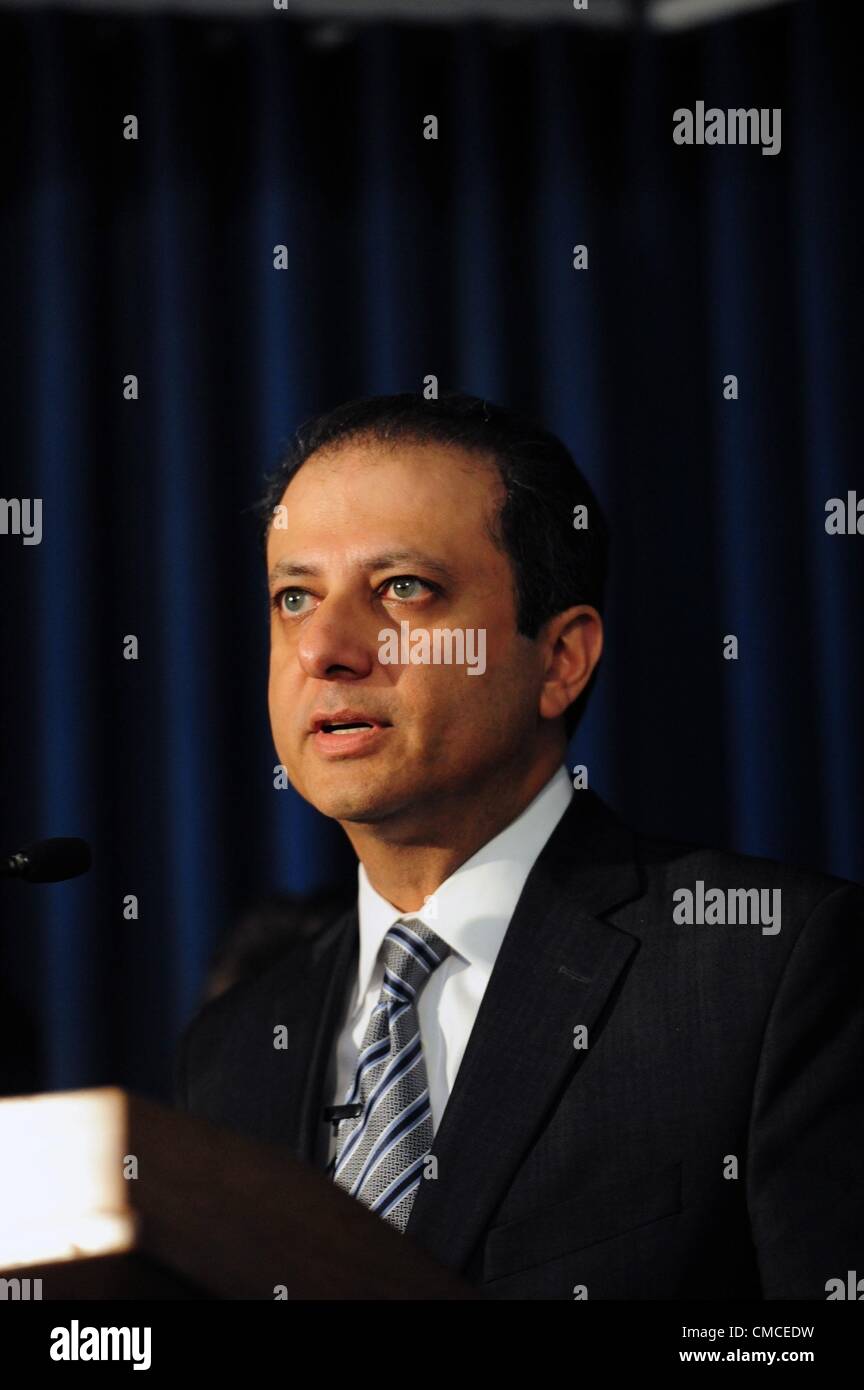 July 17, 2012 - Manhattan, New York, U.S. - Manhattan U.S. Attorney PREET BHARARA announces charges against 48 individuals in a Medicaid fraud scheme involving the diversion and trafficking of prescription drugs. (Credit Image: © Bryan Smith/ZUMAPRESS.com) Stock Photo