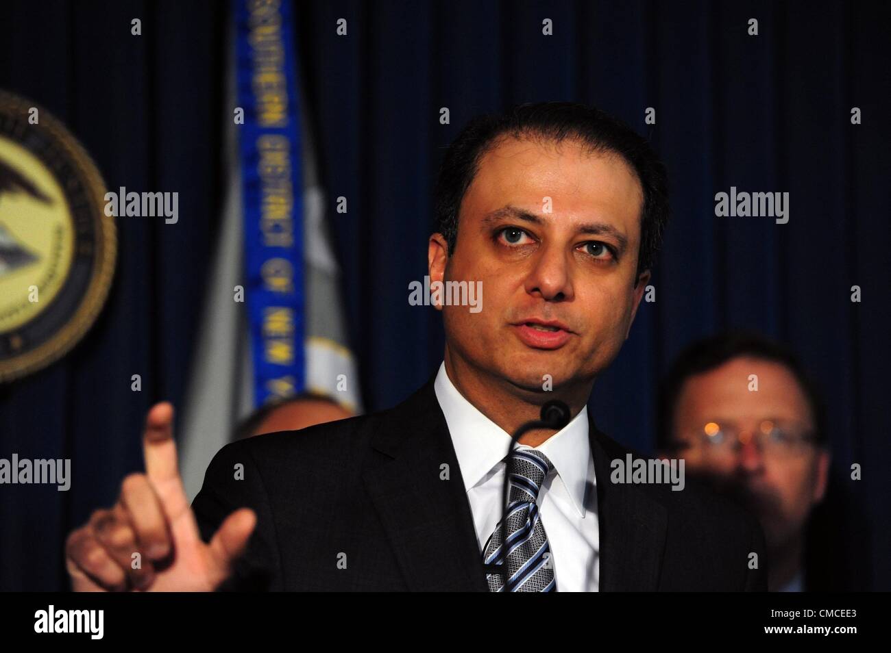 July 17, 2012 - Manhattan, New York, U.S. - Manhattan U.S. Attorney PREET BHARARA announces charges against 48 individuals in a Medicaid fraud scheme involving the diversion and trafficking of prescription drugs. (Credit Image: © Bryan Smith/ZUMAPRESS.com) Stock Photo