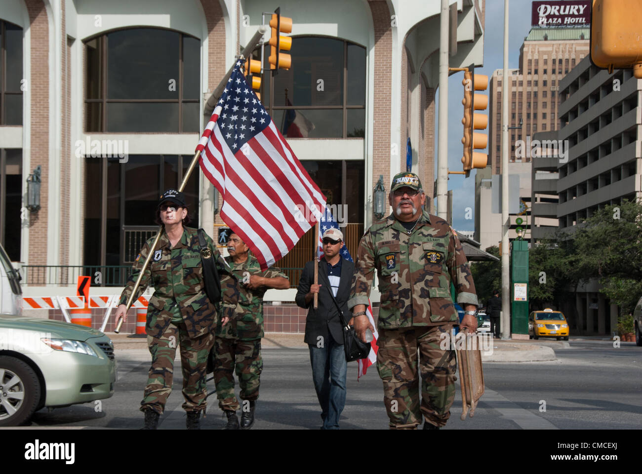 17 July 2012 San Antonio, Texas, USA - Protesters from the Last Patrol, a veterans' group, arrive to protest at a fundraiser for Pres. Obama. The veteran's were protesting Obama's failed promise for a VA hospital in the Texas Rio Grande Valley. Stock Photo