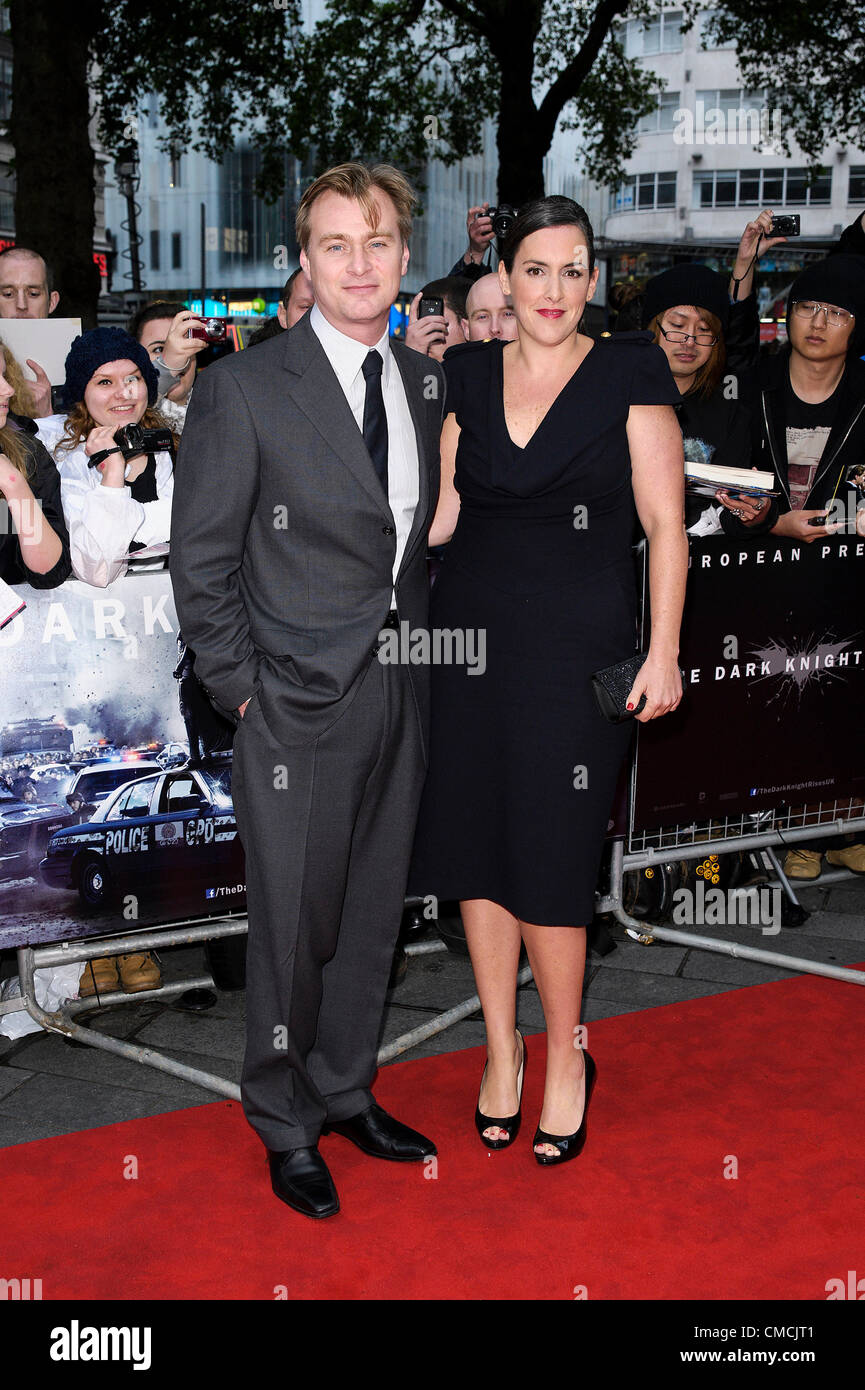 Director Christopher Nolan attends the European Premiere of The Dark Knight Rises on 18/07/2012 at Leicester Square, London. Persons pictured: Christopher Nolan and Emma Thomas Stock Photo