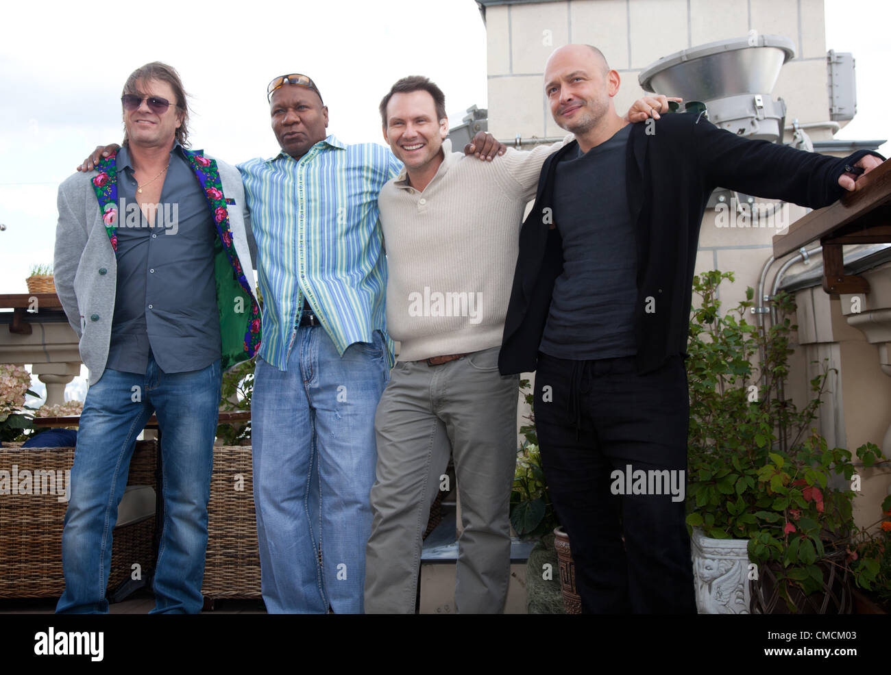 July 18, 2012 - Moscow, Russia - July 18,2012. Moscow,Russia. Soldiers of Fortune premiere in Moscow. Pictured: l-r actors Sean Bean, Ving Rhames, Christian Slater and folm director Maksim Korostyshevsky  (Credit Image: © PhotoXpress/ZUMAPRESS.com) Stock Photo