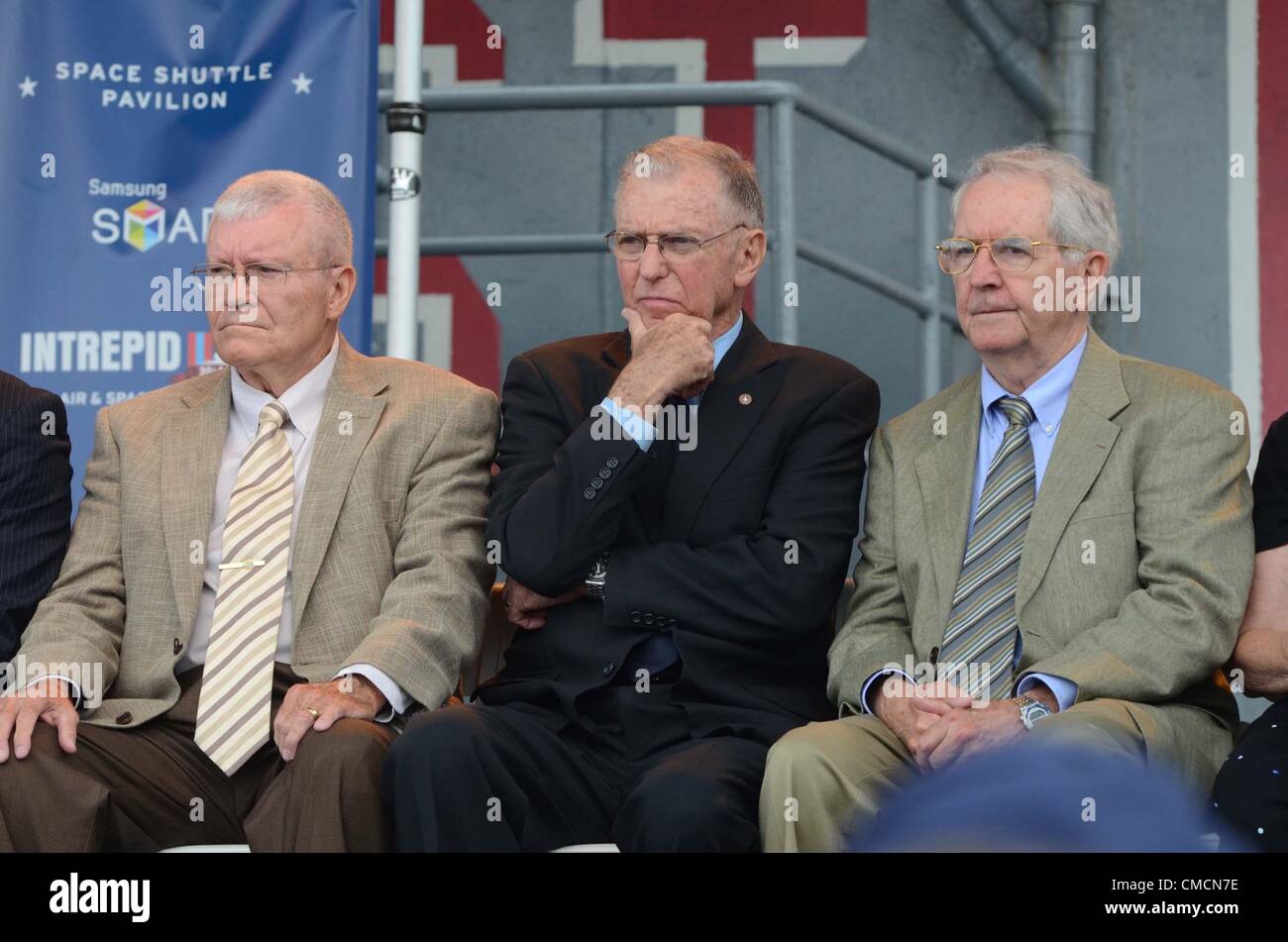Thursday 19th July 2012. New York, USA. Fred Haise, Joe Engle, Richard Truly in attendance for Intrepid's Space Shuttle Enterprise Pavilion Grand Opening, The Intrepid Sea, Air and Space Museum, New York. Stock Photo