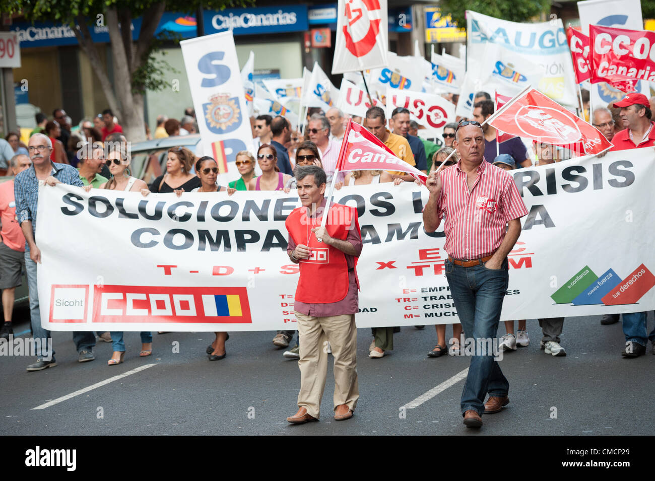 LAS PALMAS, SPAIN–July 19: Huge protests against the Government crisis pay cuts, during the Spanish demonstration 19J on July 19, 2012 in Las Palmas, Spain Stock Photo