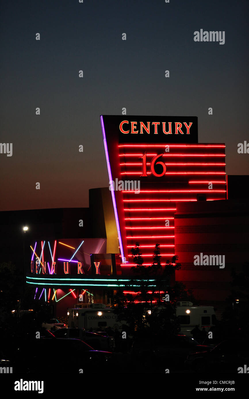 Aurora, Colorado, USA. July 20, 2012 BATMAN SHOOTING The Aurora Century 16 movie theater on July 20, 2012. An overnight shooting at the theater has seen at least 12 people killed. Stock Photo