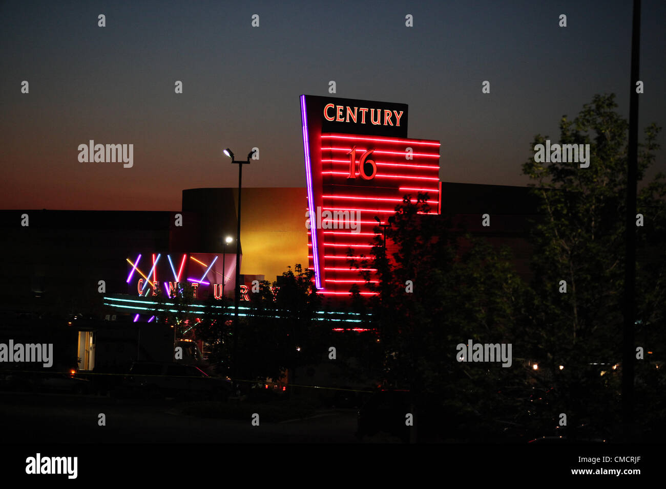 Aurora, Colorado, USA. July 20, 2012 BATMAN SHOOTING The Aurora Century 16 movie theater on July 20, 2012. An overnight shooting at the theater has seen at least 12 people killed. Stock Photo