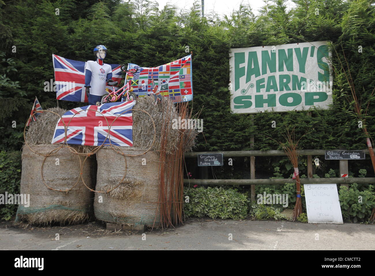 Village Olympic fever hits FANNY's FARM SHOP, near Reigate, Surrey, UK
