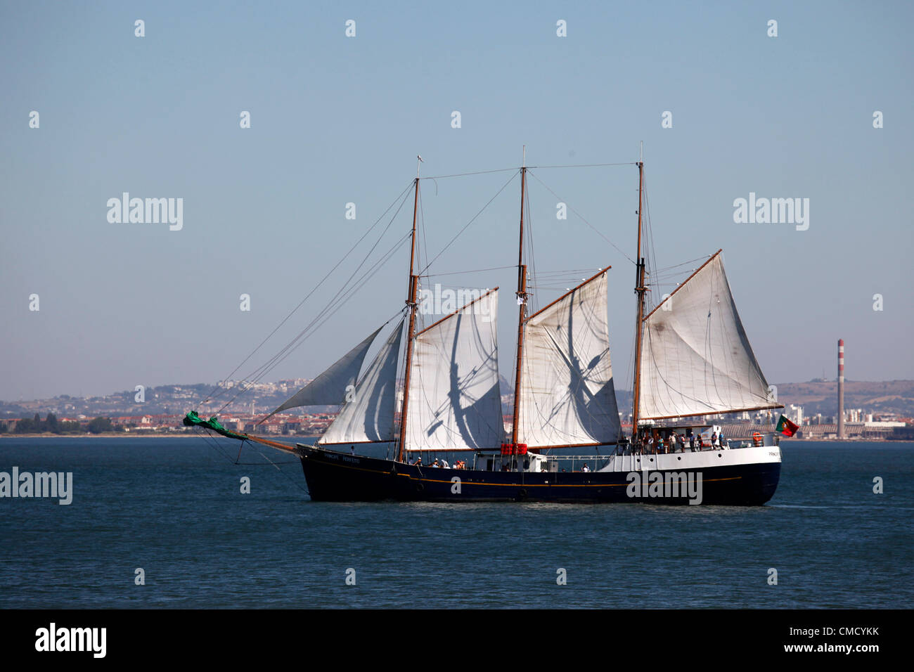 The fully rigged Principe Perfeito sailing ship sails on the River Tagus in Lisbon, Portugal. Stock Photo