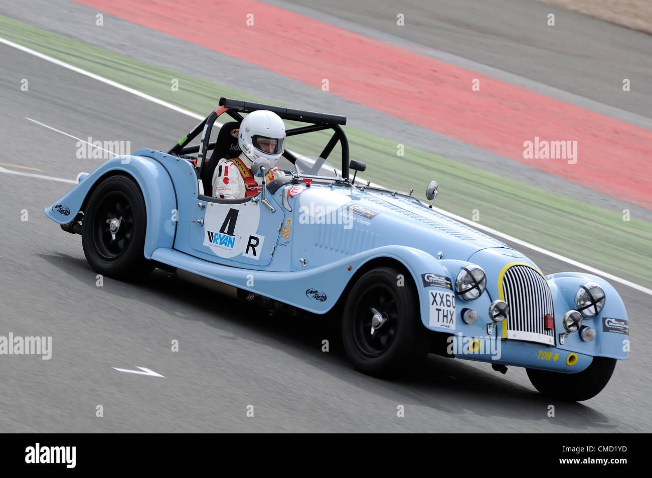 21st July 2012, Silverstone, UK  Former British number one tennis player Andrew Castle takes part in qualifying, driving a Morgan Lightweight, for the Silverstone Classic Celebrity Challenge Stock Photo