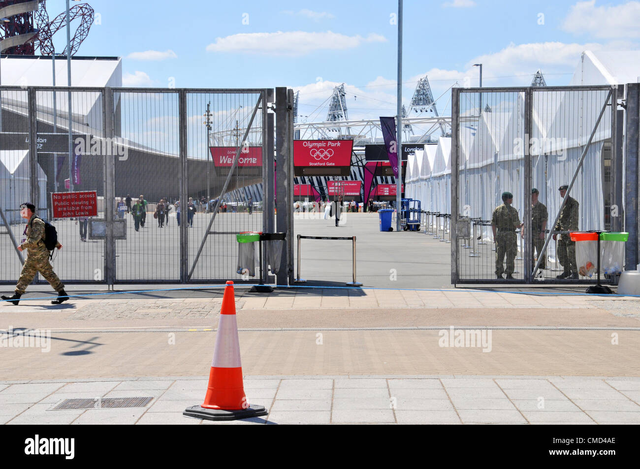 Stratford, London, UK. 22nd July 2012. The Olympic Park has the army acting as additional security due to the poor performance of G4S the private company that was supposed to supply staff for the games but has failed to do so. Credit:  Matthew Chattle / Alamy Live News Stock Photo