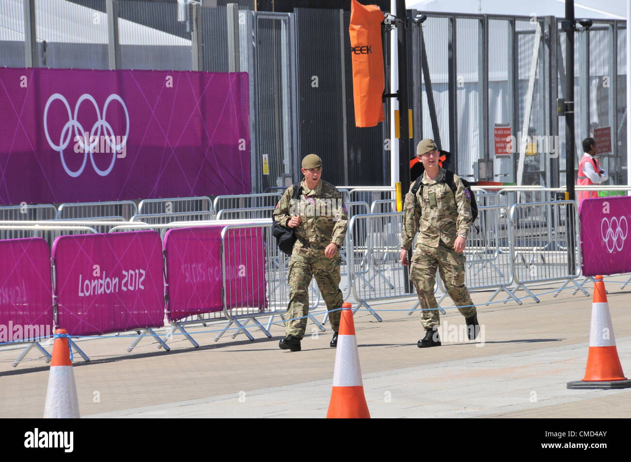 Stratford, London, UK. 22nd July 2012. The Olympic Park has the army acting as additional security due to the poor performance of G4S the private company that was supposed to supply staff for the games but has failed to do so. Credit:  Matthew Chattle / Alamy Live News Stock Photo