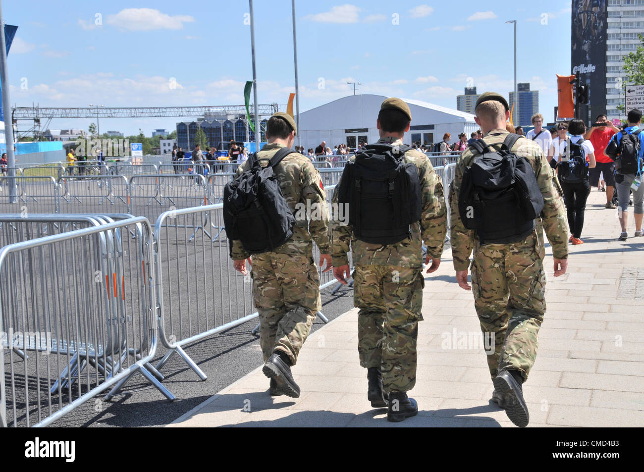 Stratford, London, UK. 22nd July 2012. Soldiers at the Olympic Park which has the army acting as additional security due to the poor performance of G4S the private company that was supposed to supply staff for the games but has failed to do so. Credit:  Matthew Chattle / Alamy Live News Stock Photo