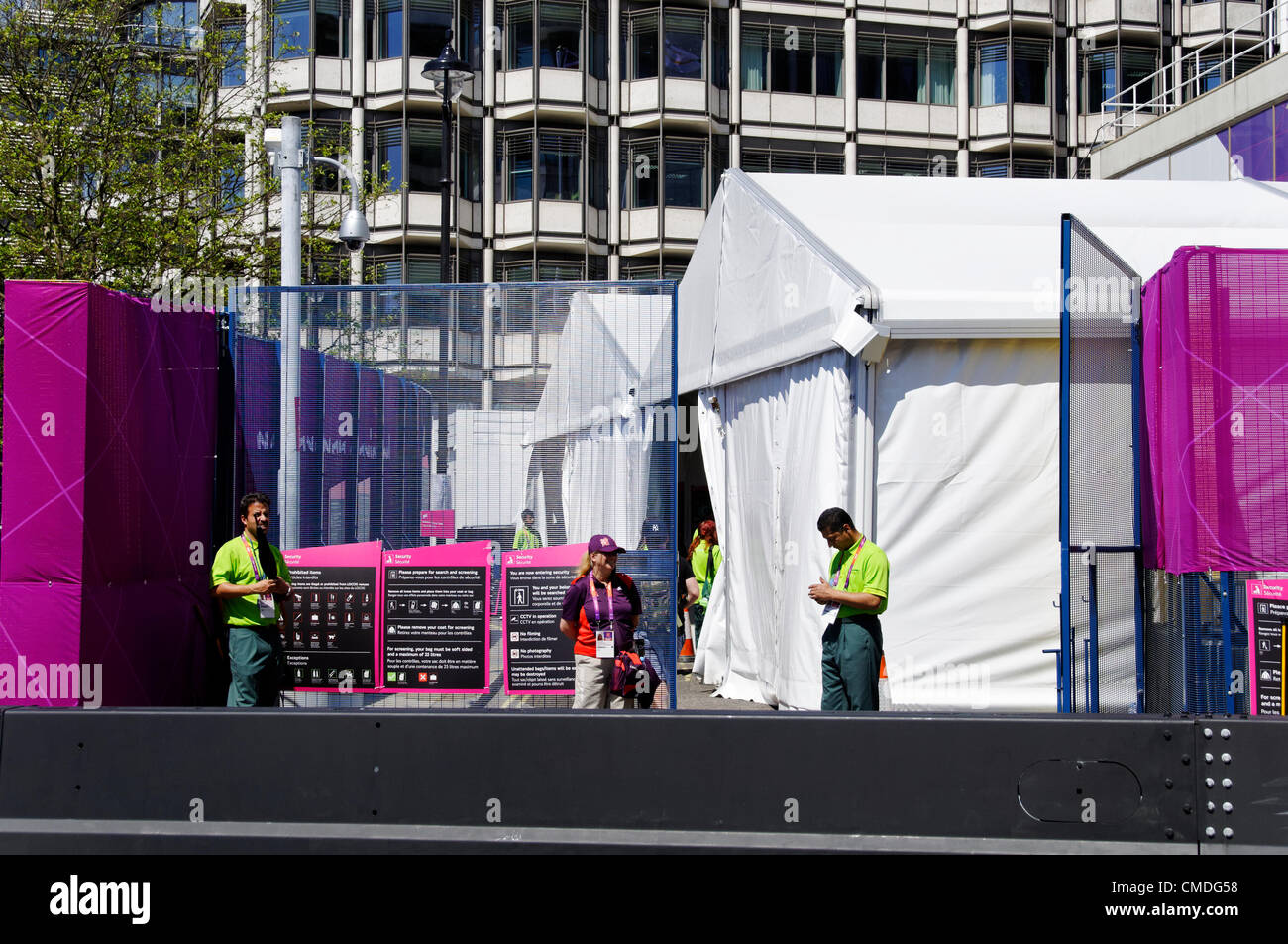 LONDON, UK, Monday July 23, 2012. The entrance of the Hilton Hotel on Park Lane is protected by high fences for security reasons. The London 2012 Olympic Games will be officially opened on Friday July 27, 2012 at 9pm. Stock Photo