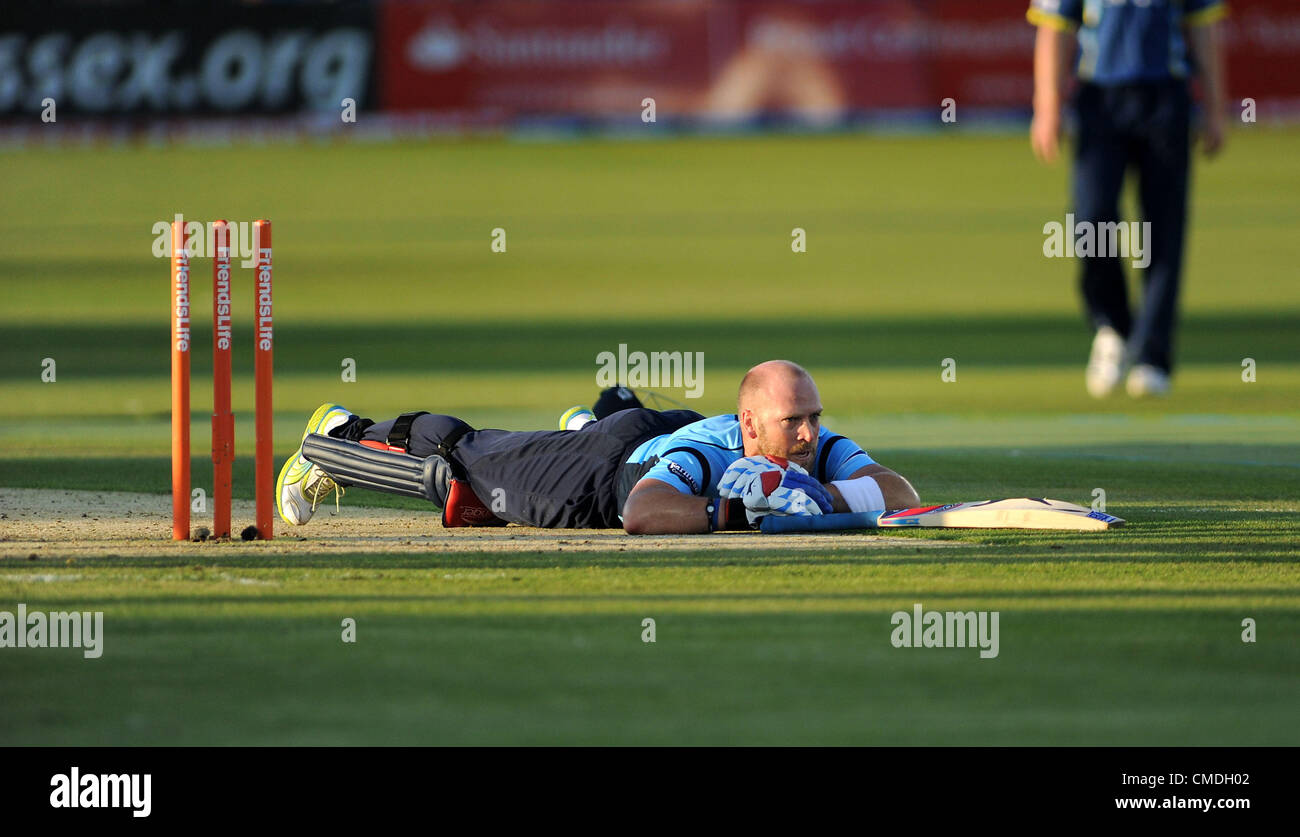 Hove UK 24 July 2012 - Sussex Sharks v Gloucestershire Gladiators T20 Quarter Final cricket match AT the Probiz County Ground - Sussex's Matt Prior lies prostrate after being run out Stock Photo