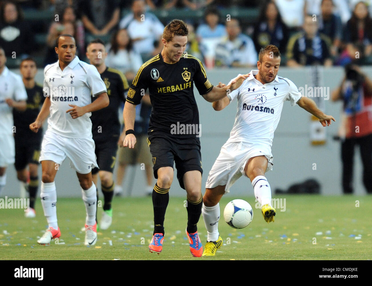 USA. 24.07.2012. Los Angeles, California.  Tottenham Hotspur (11) Rafael Van der Vaart and Galaxy (26) Michael Stephens during an international friendly soccer match between Tottenham Hotspur and the Los Angeles Galaxy at the Home Depot Center in Carson, CA. Stock Photo