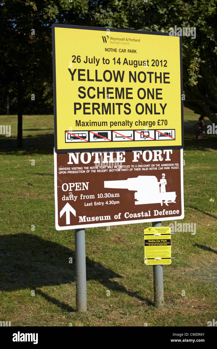 Weymouth, UK Wednesday 25 July 2012. Final preparations for the Olympics at Weymouth, UK. Signs detailing Nothe car park arrangements during the Olympic games. Stock Photo