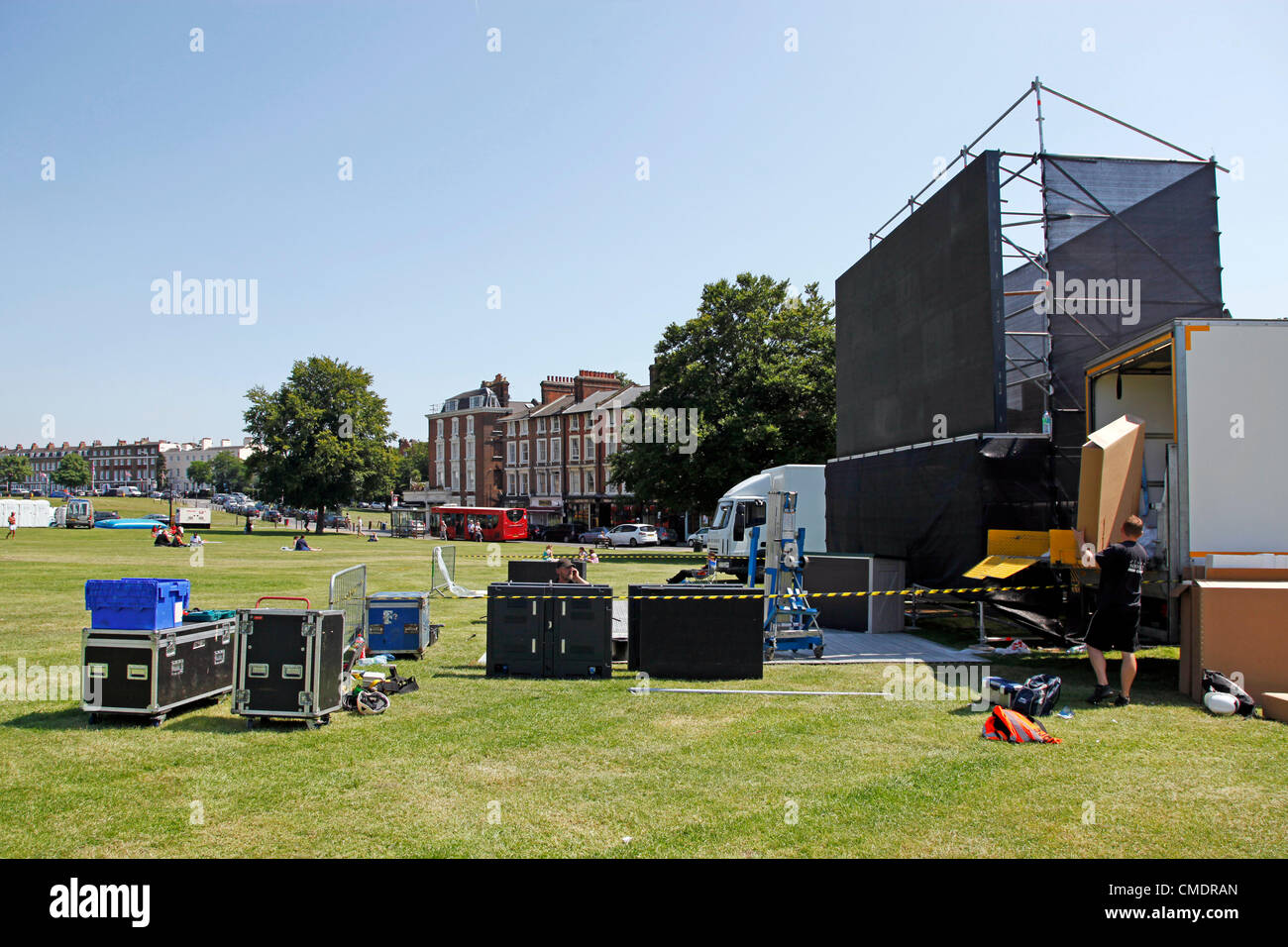 Blackheath, London, UK. 26th July 2012. Olympic Games Preparations in Blackheath - Building the giant TV Video screen for spectators to watch the Olympics on Blackheath Common. Credit:  Paul Brown / Alamy Live News. Stock Photo