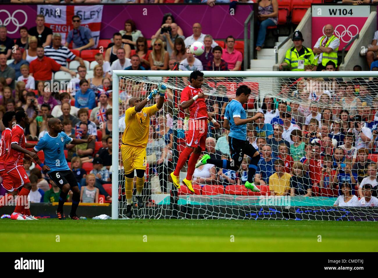 26.07.2012 Manchester, England. United Arab Emirates goalkeeper Ali Khasif in action during the first round group A mens match between United Arab Emirates and Uruguay at Old Trafford. Stock Photo