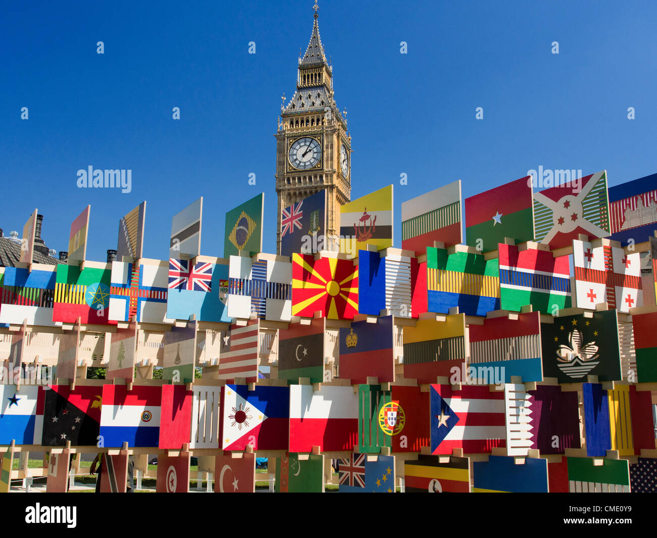 London, UK. 26 July, 2012. Flags of all nations in Parliament Square during the Olympics 2 Stock Photo