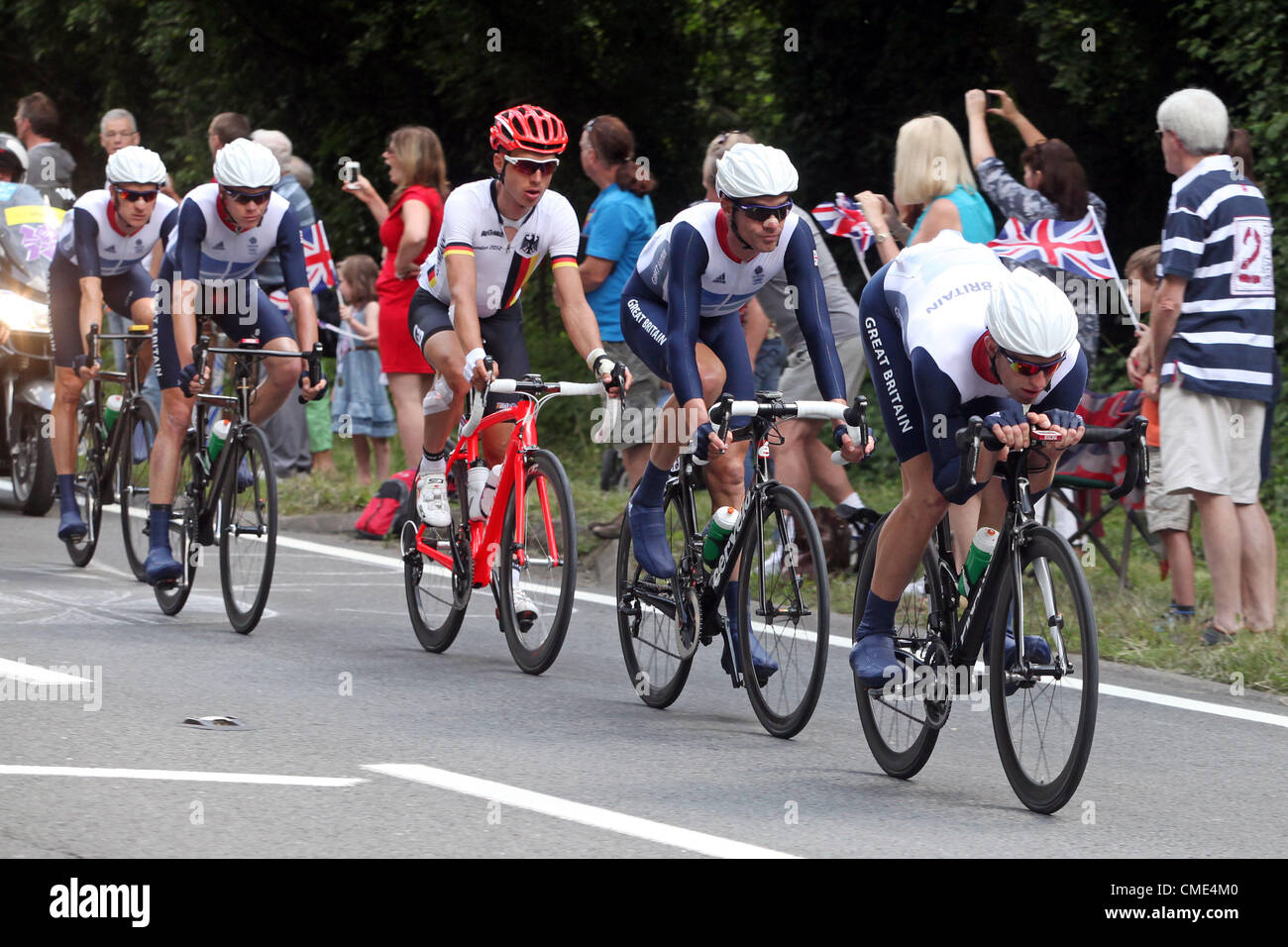 Great Britain cycle team travelling down the A24 bypass in Leatherhead on a lap around box hill. London 2012 Olympic Mens Road Race Stock Photo
