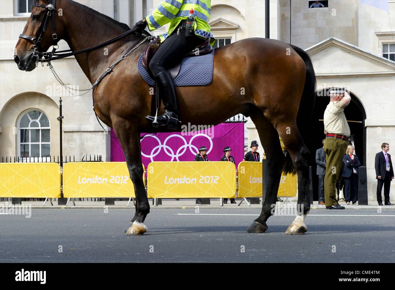 July 28, 2012 - London, England, UK - Mounted police patrol Whitehall and the Horses Guard the first full day of athletics in the 2012 London Summer Olympics. (Credit Image: © Mark Makela/ZUMAPRESS.com) Stock Photo