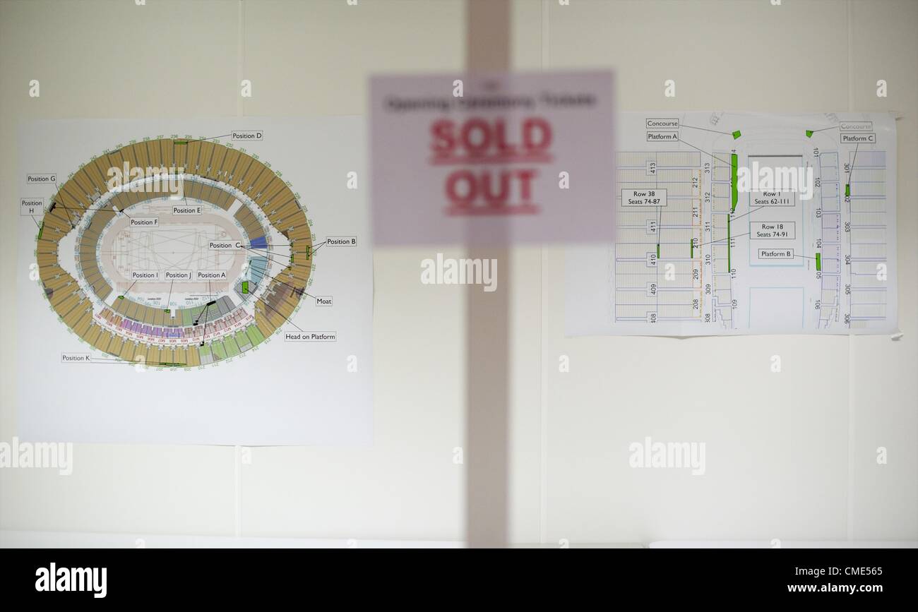 July 28, 2012 - London, England, UK - A Sold Out notice for Opening Ceremony tickets is posted in the media center for the 2012 London Summer Olympics. (Credit Image: © Mark Makela/ZUMAPRESS.com) Stock Photo
