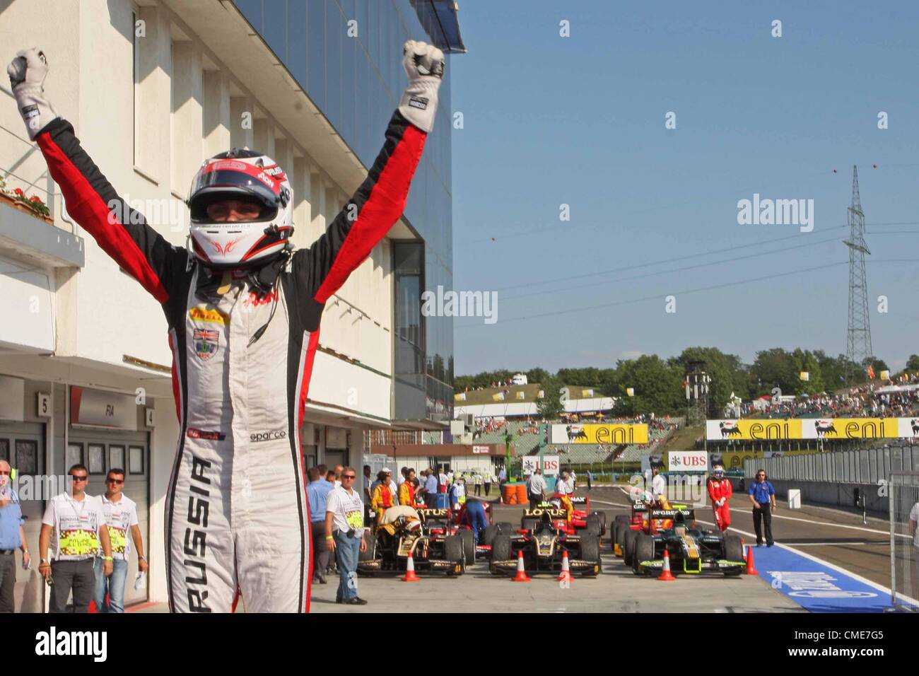 28.07.2012. Budapest, Hungary. FIA GP2  Motor racing.  Max Chilton wins his first ever GP2 race with Carlin Stock Photo