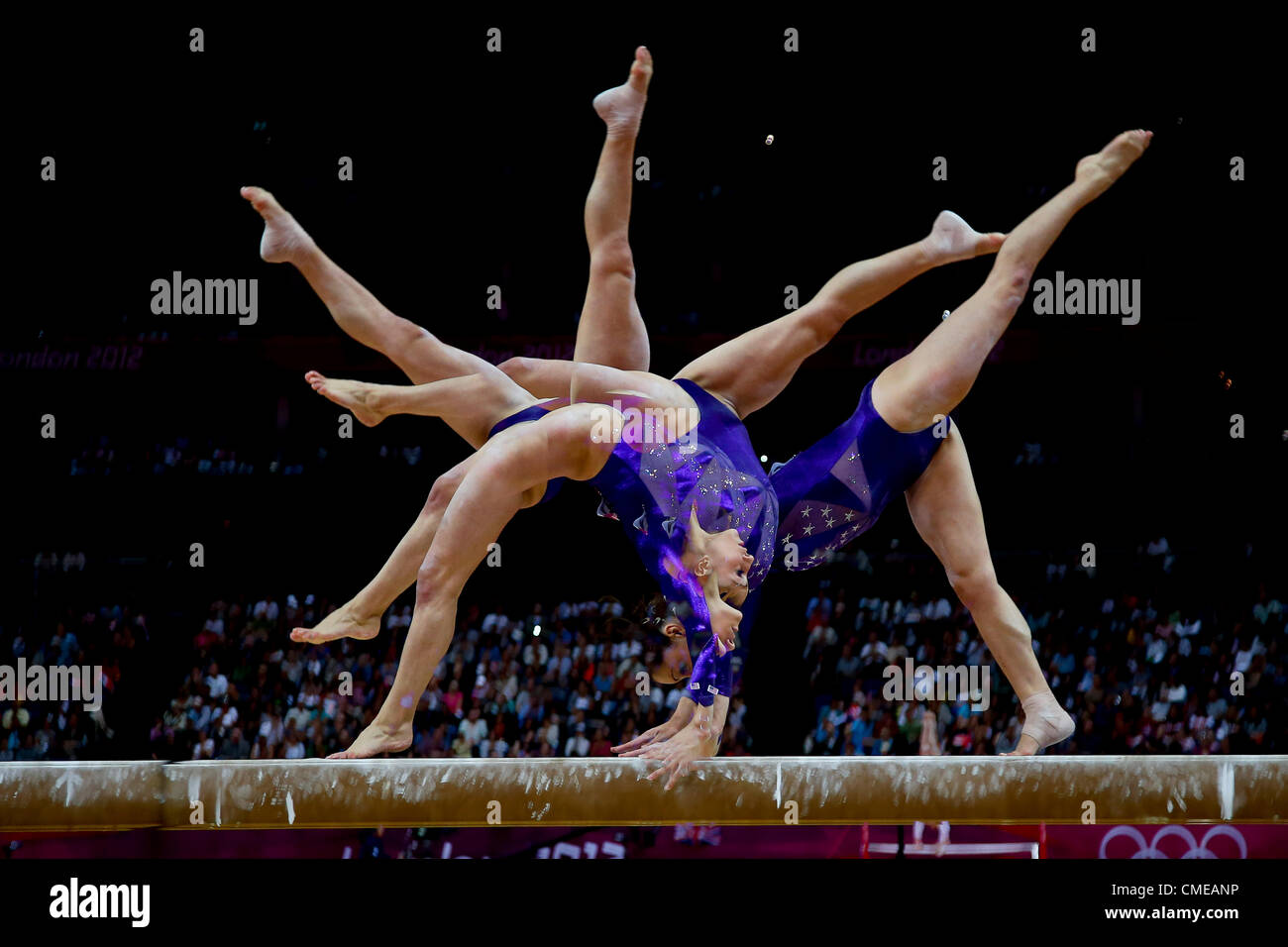29 July 2012. Jordyn Wieber (USA) preforms on the balance beam during the women's team qualifying at the 2012 Olympic Summer Games, London, England Stock Photo
