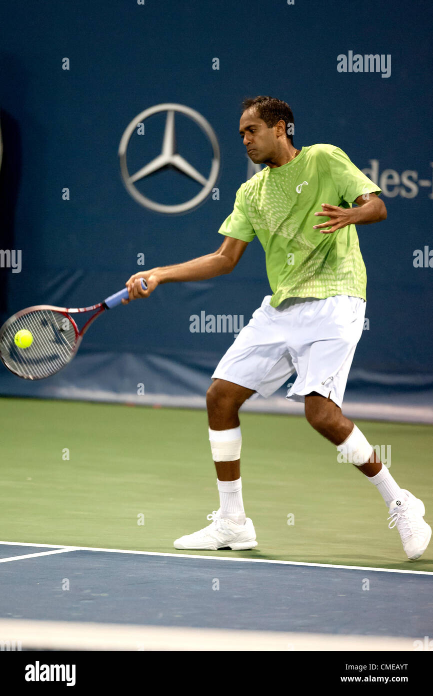 LOS ANGELES, CA - JULY 28: Rajeev Ram in action during Day 6 of the Farmers Classic presented by Mercedes-Benz at the LA Tennis Center on July 28, 2012 in Los Angeles, California. Stock Photo