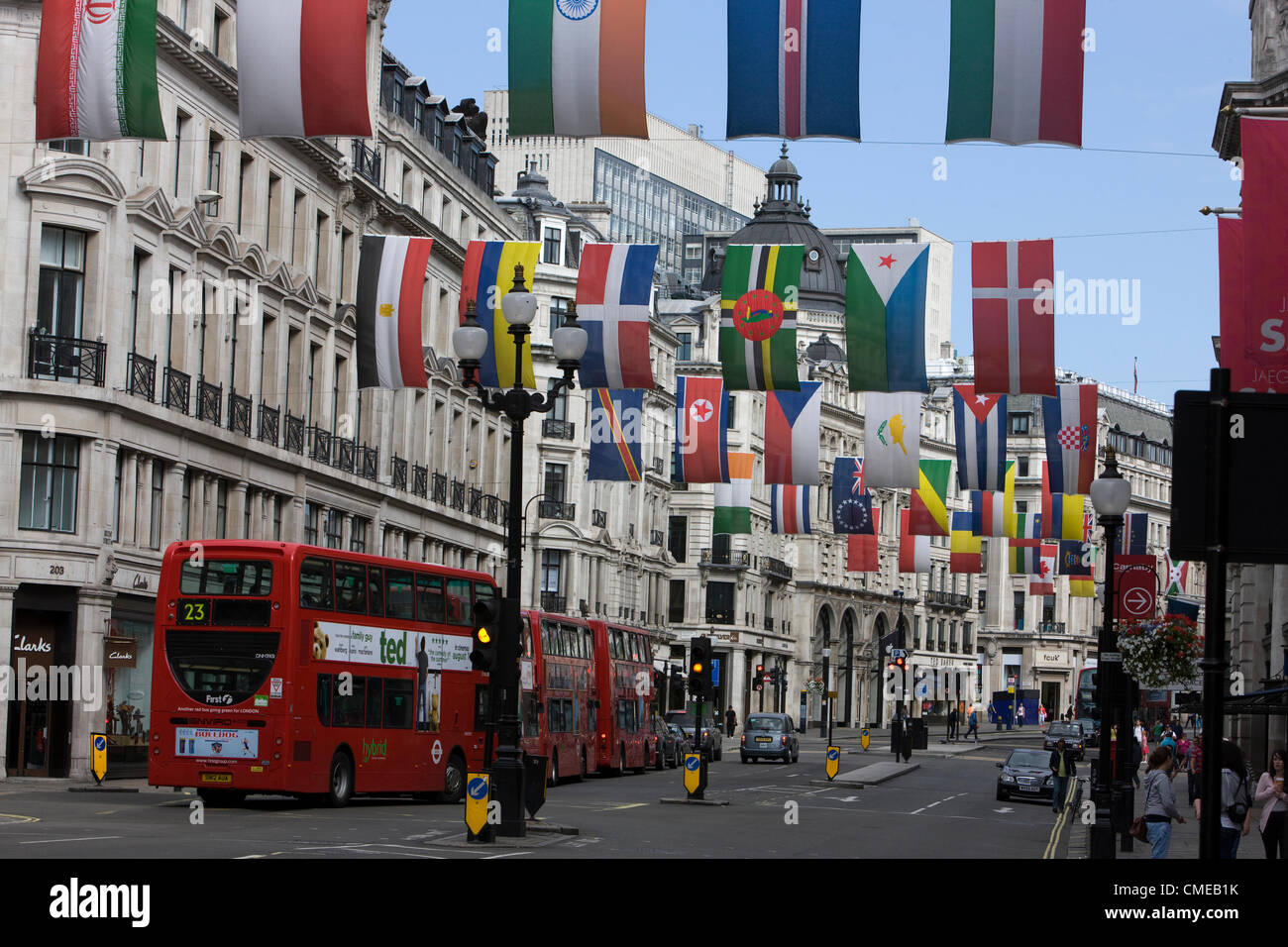 LONDON 28 July 2012. Olympic national flags hanging in Regent Street. London 2012. Stock Photo