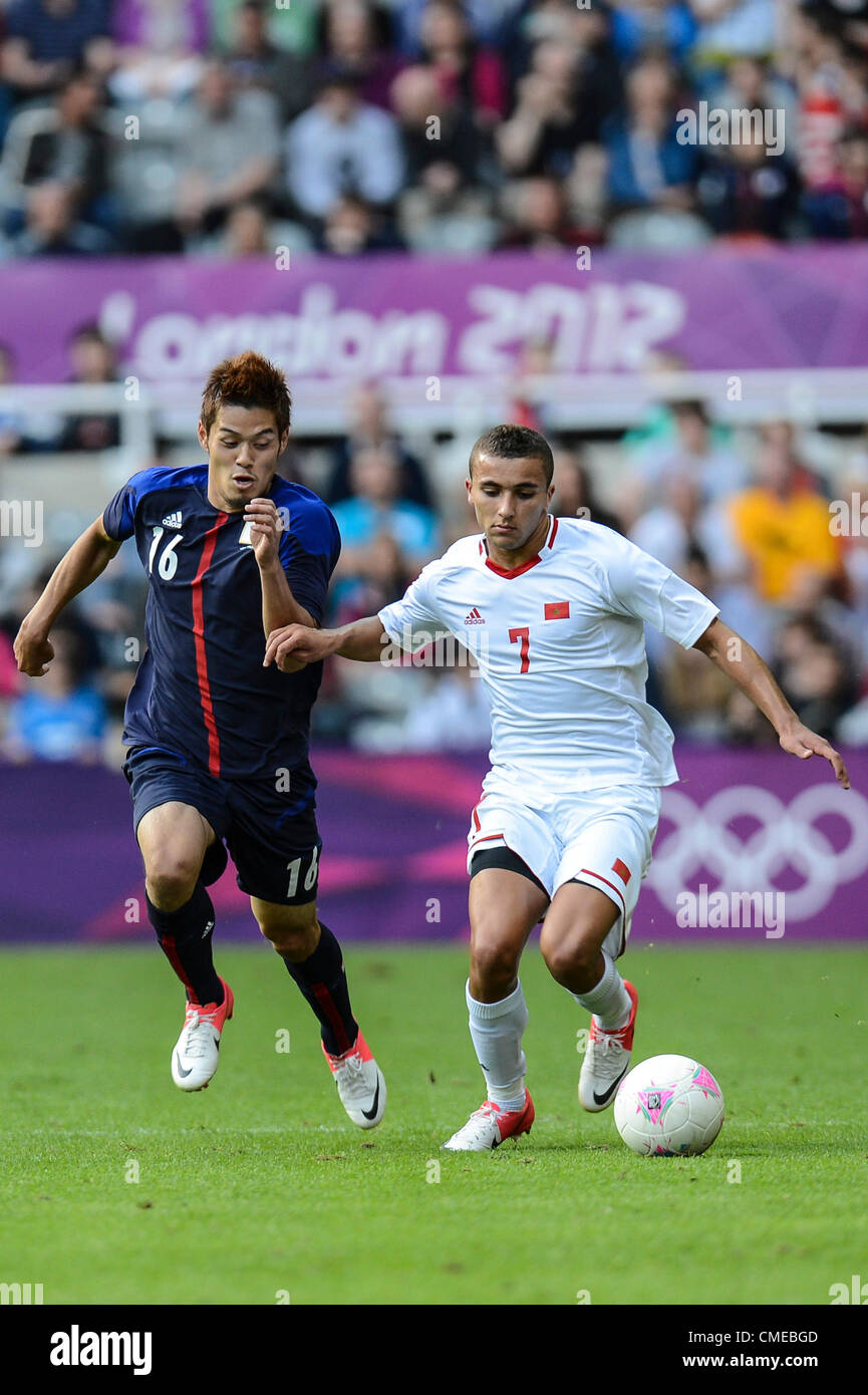 29.07.2012 Newcastle, England. Morocco's Zakaria Labyad and Hotaru Yamaguchi of Japan in action during the Olympic Football Men's Preliminary game between Japan and Morocco from St James Park. Stock Photo