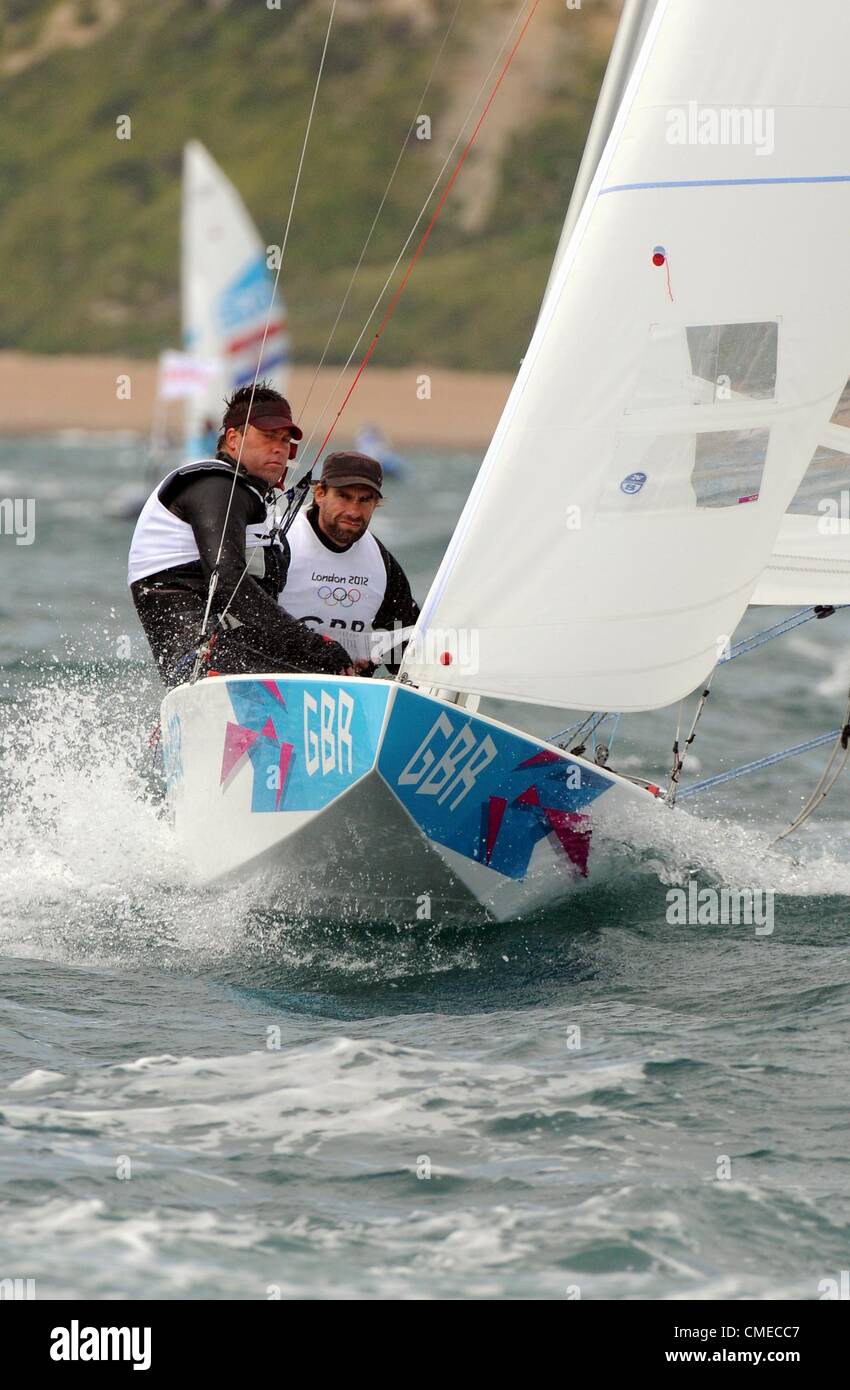 Olympic Sailing, action during the London 2012 Olympic Games at the Weymouth & Portland Venue, Dorset, Britain, UK.  Iain Percy and Andrew Simpson of Great Britain in Star Class, July 29, 2012 PICTURE: DORSET MEDIA SERVICE Stock Photo