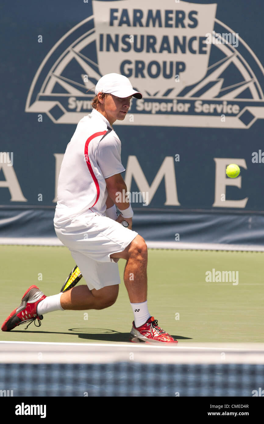 LOS ANGELES, CA - JULY 29: Ricardas Berankis in action during Day 7 of the Farmers Classic presented by Mercedes-Benz at the LA Tennis Center on July 29, 2012 in Los Angeles, California. Stock Photo