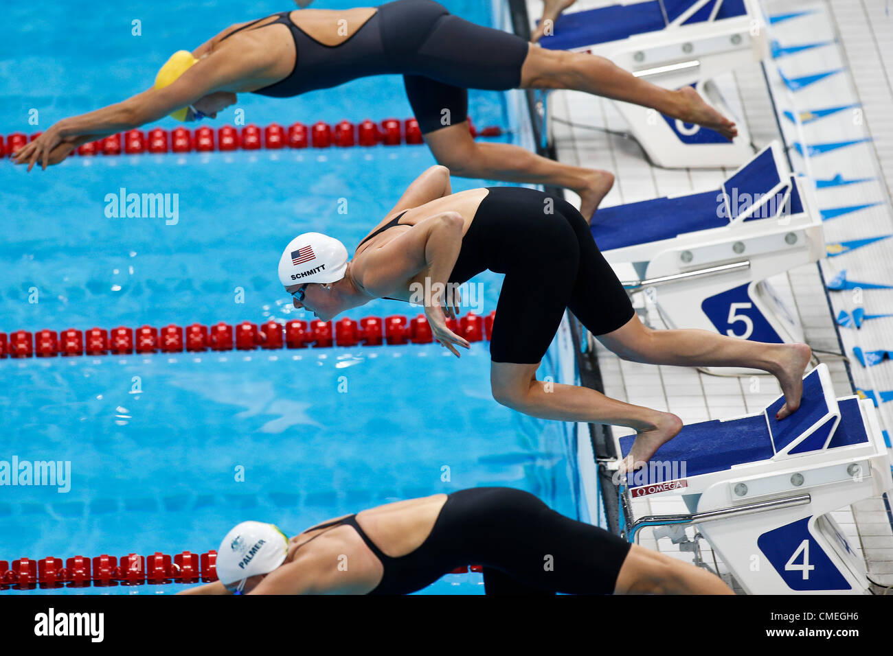 30 July 2012. Allison Schmitt (USA) starting the women's 200 meter freestyle heat at the 2012 Olympic Summer Games, London, England. Credit:  PCN Photography / Alamy Live News Stock Photo