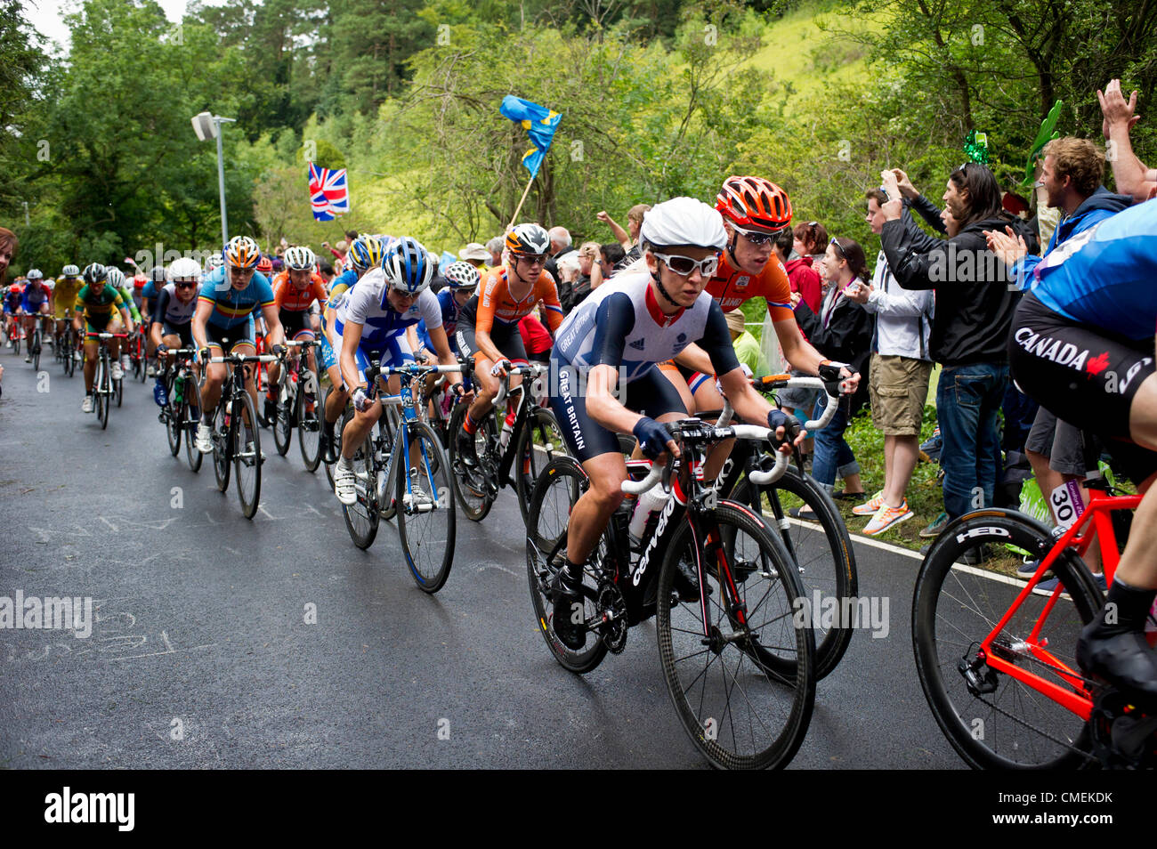 July 29th 2012, London Olympics Women's Cycling road race event. Here at Box Hill in Surrey, Emma Pooley from Britain kept up with the peloton riders during the road race event. Stock Photo