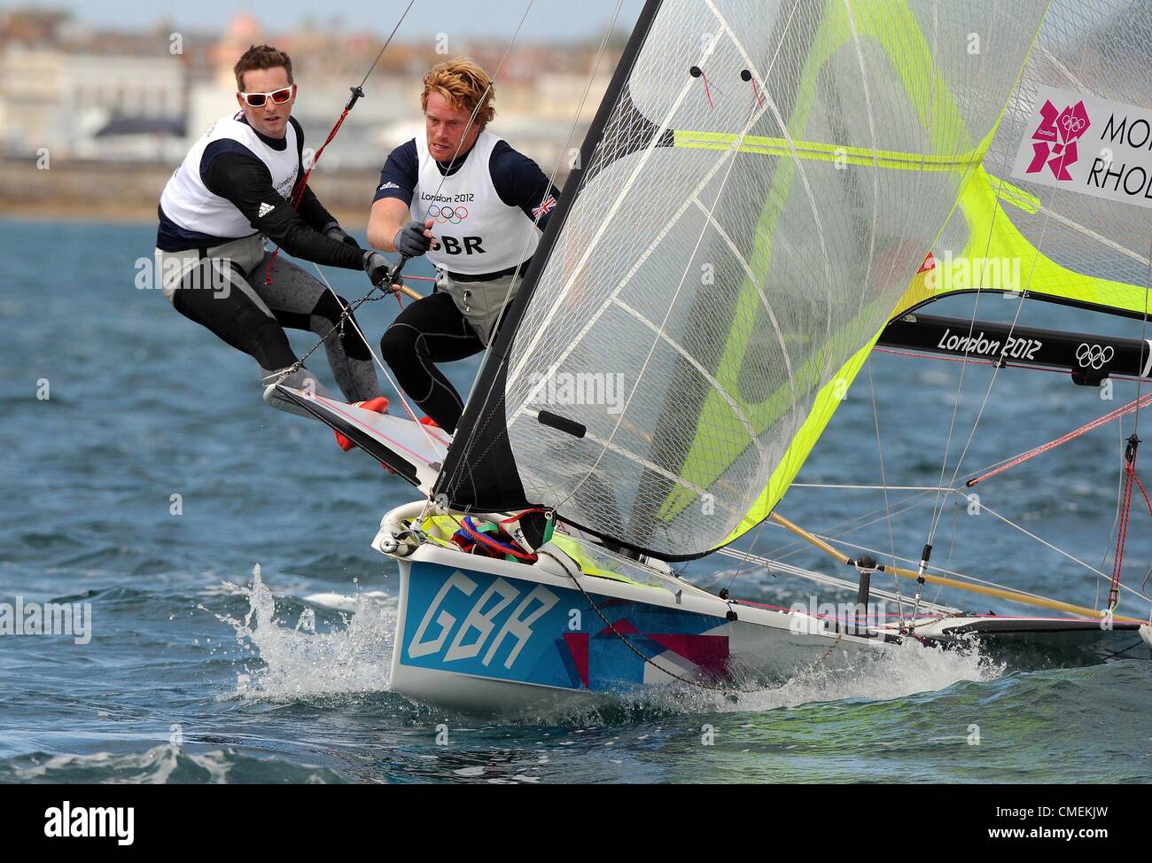 Olympic Sailing, action during the London 2012 Olympic Games at the Weymouth & Portland Venue, Dorset, Britain, UK.  Stevie Morrison and Ben Rhodes compete in the Men's 49er Sailing July 30, 2012 PICTURE: DORSET MEDIA SERVICE Stock Photo