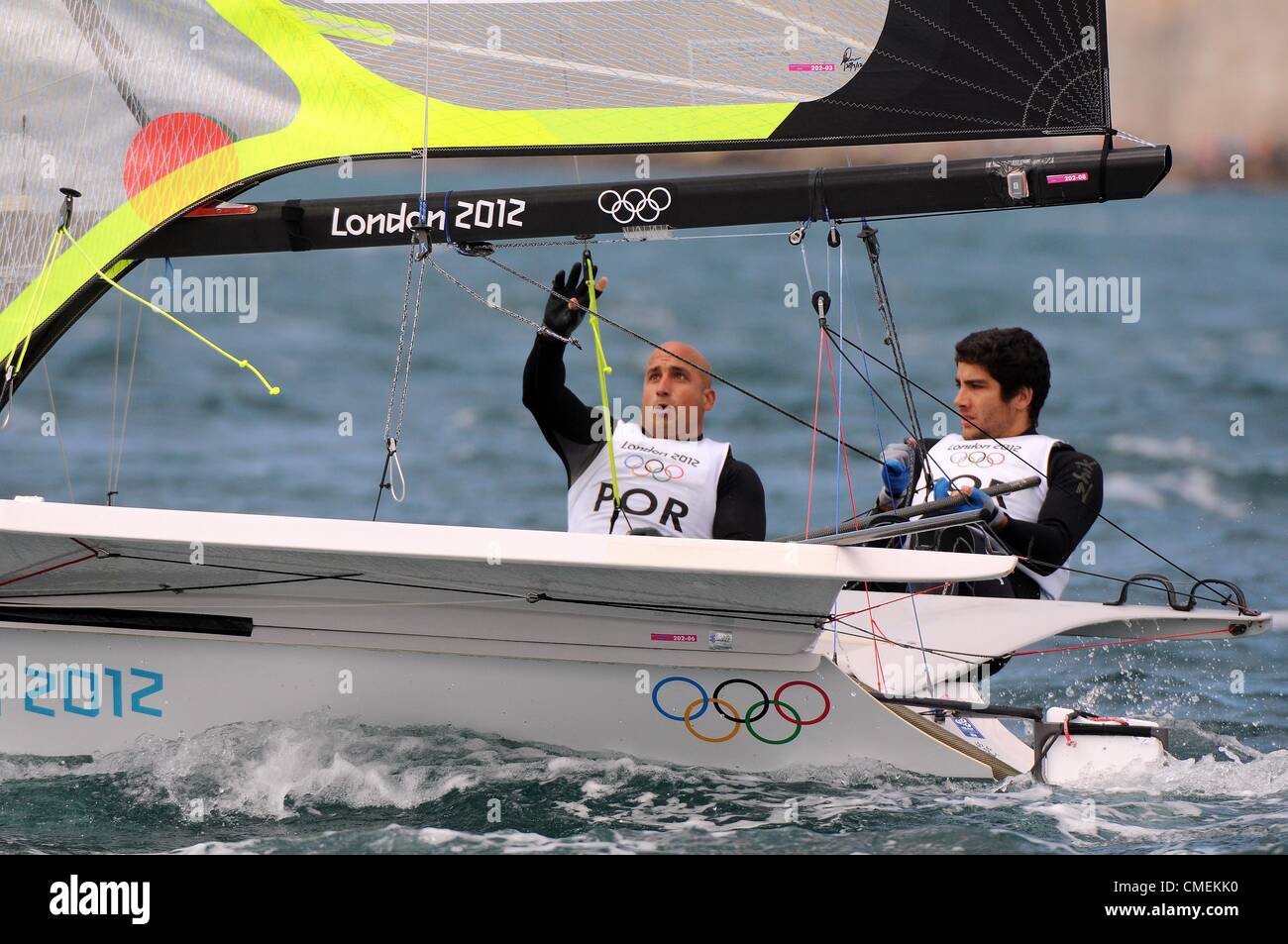 Olympic Sailing, action during the London 2012 Olympic Games at the Weymouth & Portland Venue, Dorset, Britain, UK.  Bernardo Freitas and Francisco Andrade of Portugal compete in the Men's 49er Sailing July 30, 2012 PICTURE: DORSET MEDIA SERVICE Stock Photo