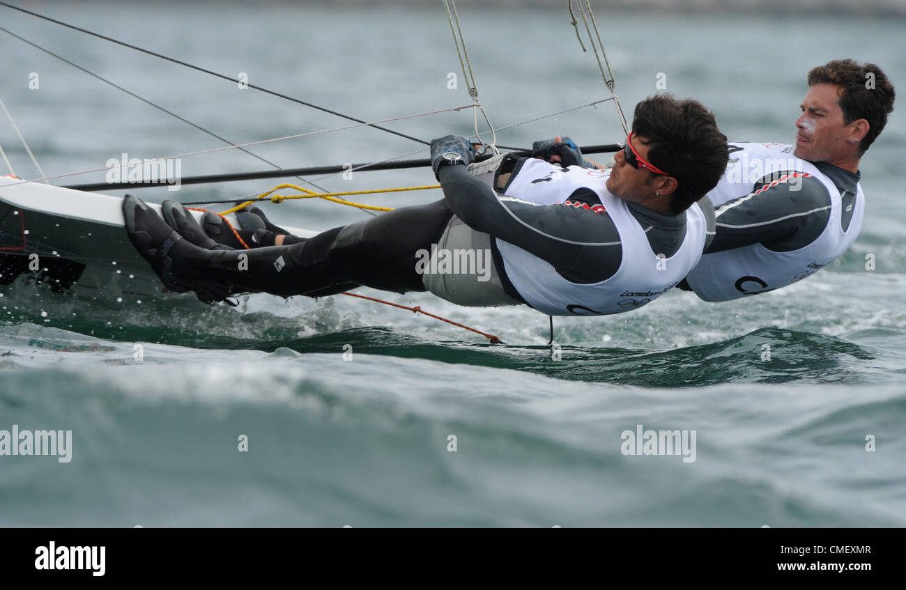 London 2012 Olympics: Sailing, action during the London 2012 Olympic Games at the Weymouth & Portland Venue, Dorset, Britain, UK. Gordon Cook and Hunter Lowden from Canada in the 49er Class July 31st, 2012 PICTURE BY: DORSET MEDIA SERVICE Stock Photo