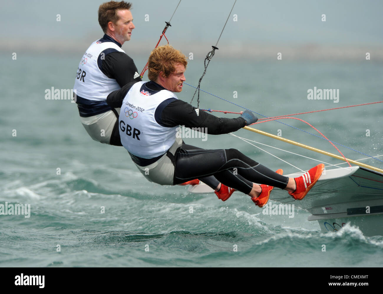 London 2012 Olympics: Sailing, action during the London 2012 Olympic Games at the Weymouth & Portland Venue, Dorset, Britain, UK. Stevie Morrison and Ben Rhodes of Great Britain in the 49er race July 31st, 2012 PICTURE BY: DORSET MEDIA SERVICE Stock Photo
