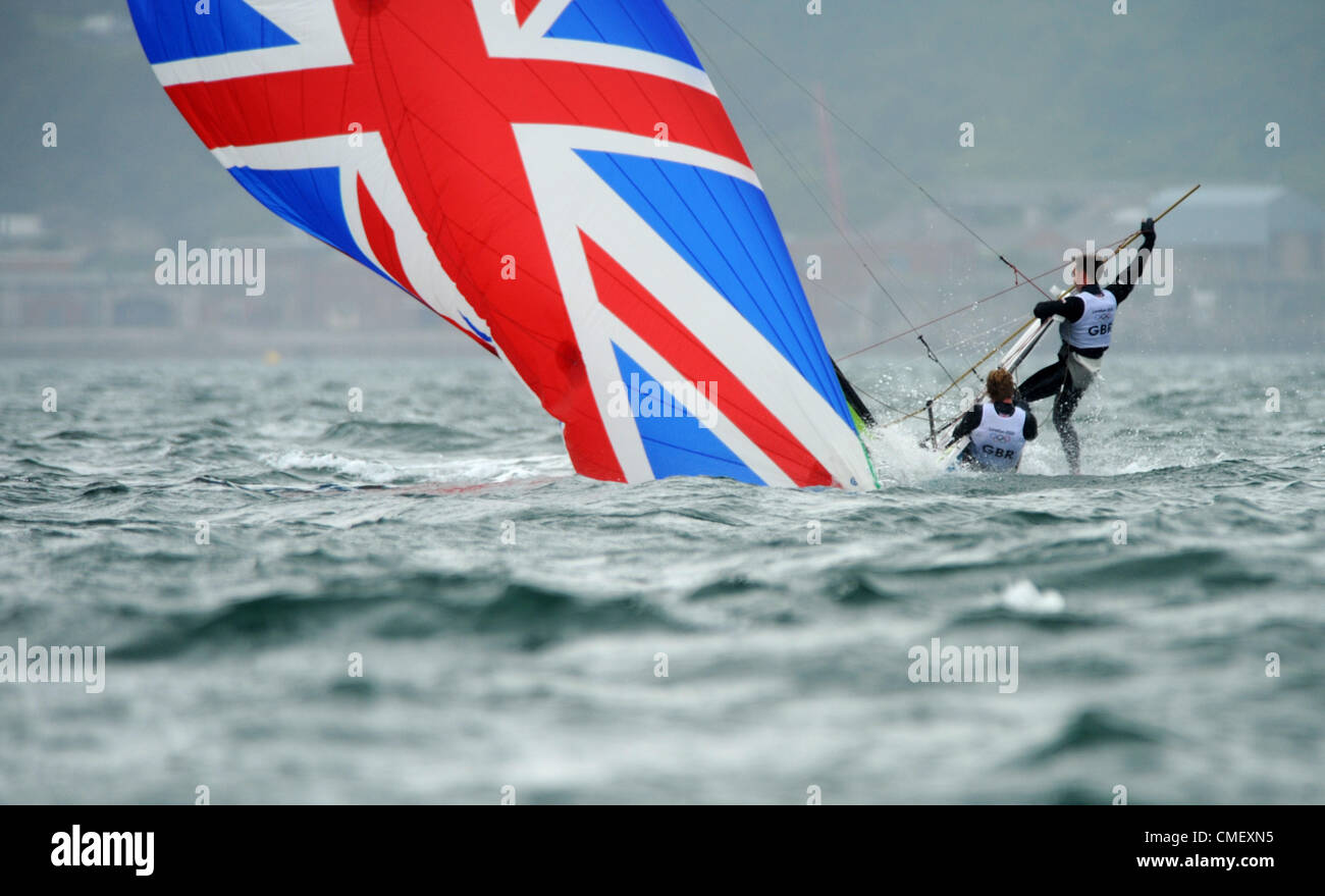 London 2012 Olympics: Sailing, action during the London 2012 Olympic Games at the Weymouth & Portland Venue, Dorset, Britain, UK. Stevie Morrison and Ben Rhodes capsize on the their 4th race in the 49er class July 31st, 2012 PICTURE BY: DORSET MEDIA SERVICE Stock Photo