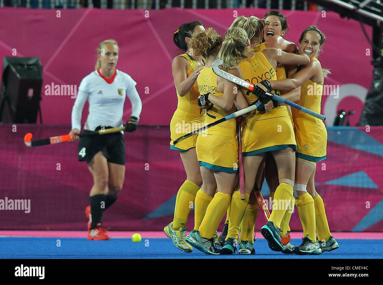 31.07.2012. London England. Australia's team celebrates the third goal during women's field hockey preliminary round match against Germany at Riverbank Arena for the London 2012 Olympic Games, London, Britain, 31 July 2012. Stock Photo
