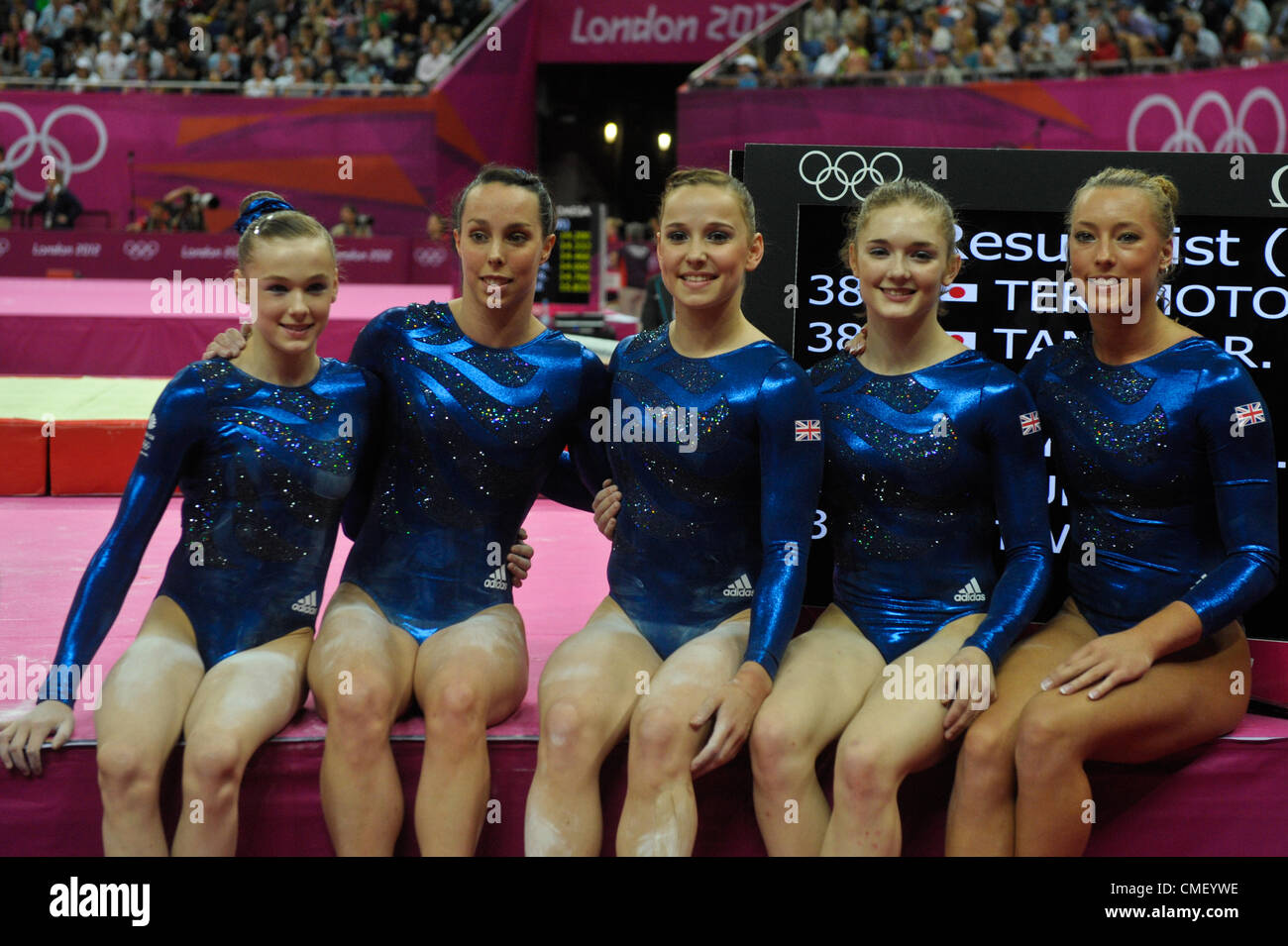 London 2012. Gymnastics Womens Team Finals 31.7.12. Greenwich Arena . GB Team L to R Rebecca