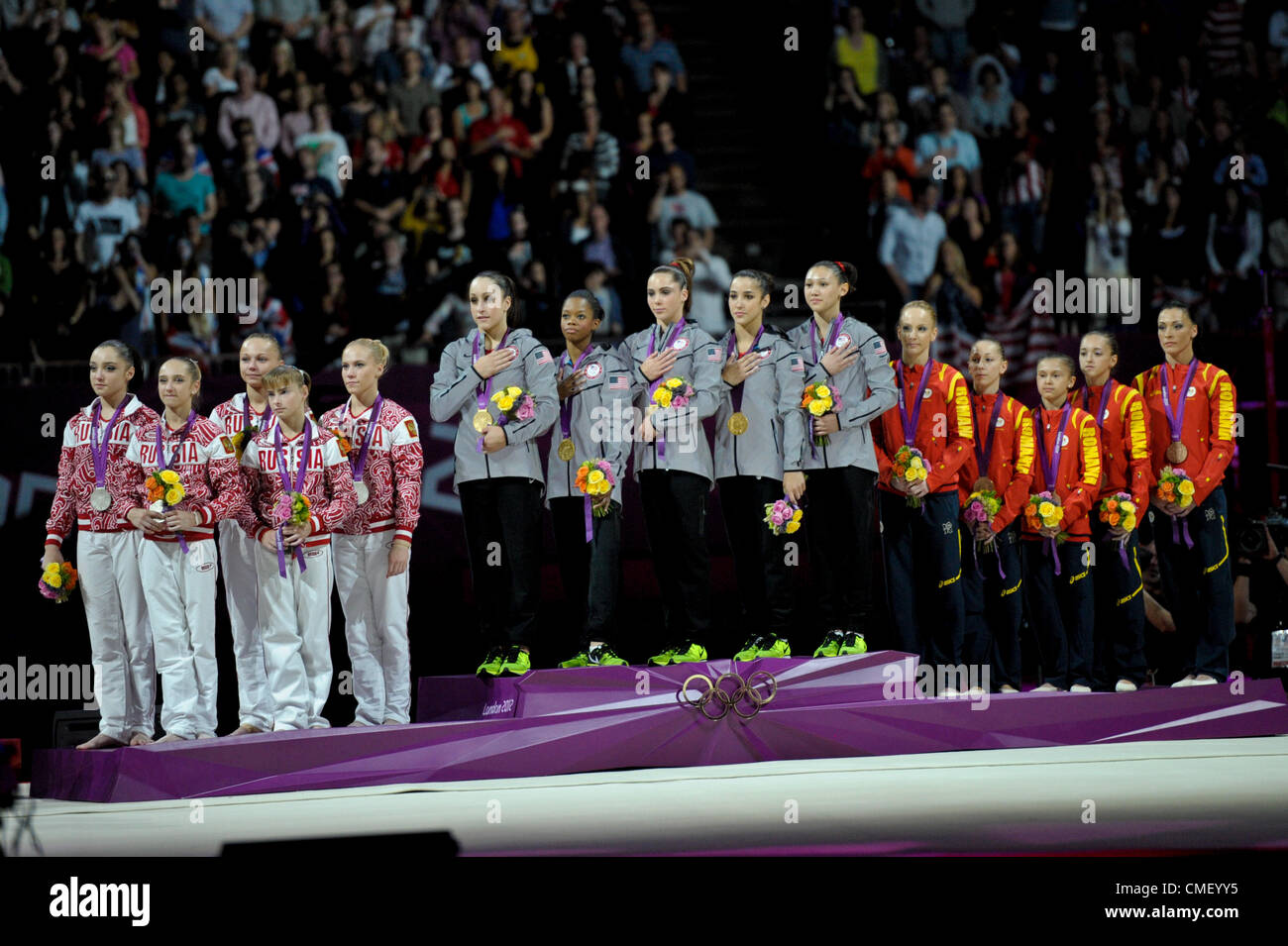 London 12 Gymnastics Womens Team Finals 31 7 12 Greenwich Arena Usa Russia Romania On The Podium After The Womens Team Final Stock Photo Alamy London 12 Gymnastics Womens Team Finals 31 7 12 Greenwich Arena Usa Russia Romania On The Podium After The Womens Team Final Stock Photo Alamy
