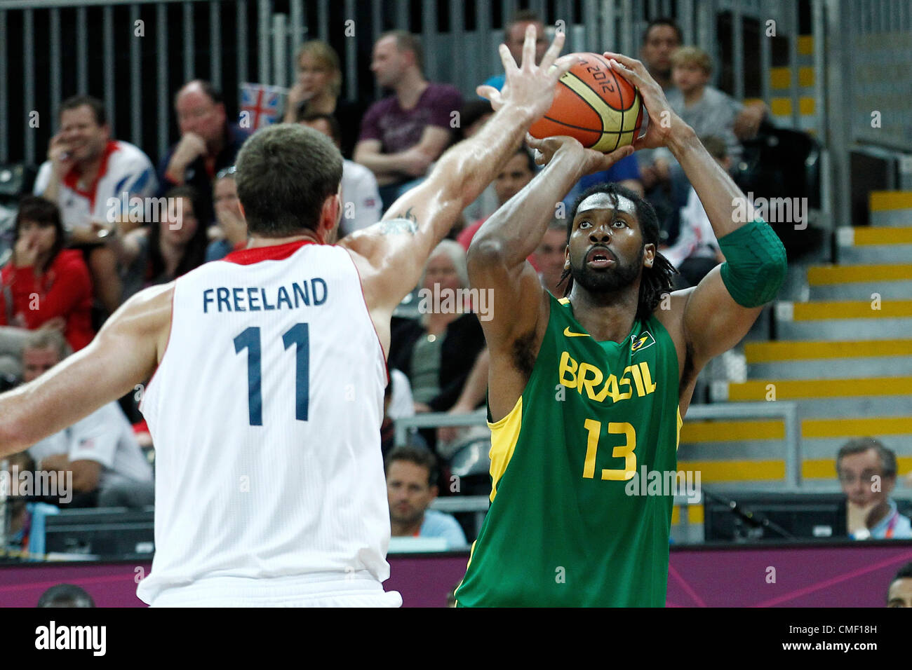 31 07 12 London England 12 Olympic Basketball Tournament Brazil Nene Hilario Takes A Jumpshot During 67 62 Team Brazil Victory Over Team Great Britain During The Men S Basketball Preliminary At The Basketball Arena In