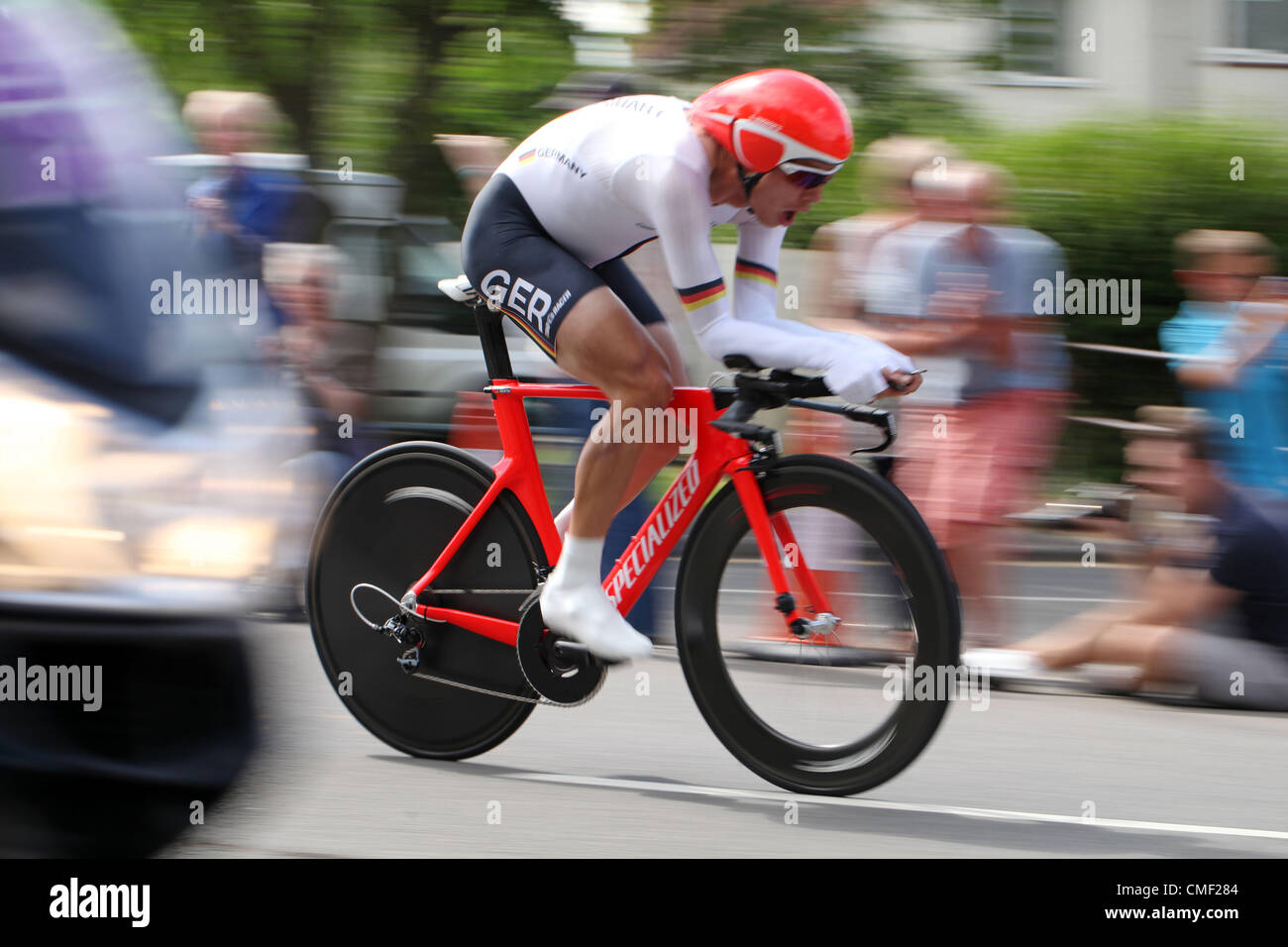 1st Aug 2012. Photos show cyclists passing through Cobham Surrey during London 2012 Olympics Cycling Mens Time Trial. Cyclist Tony Martin (Silver). Stock Photo