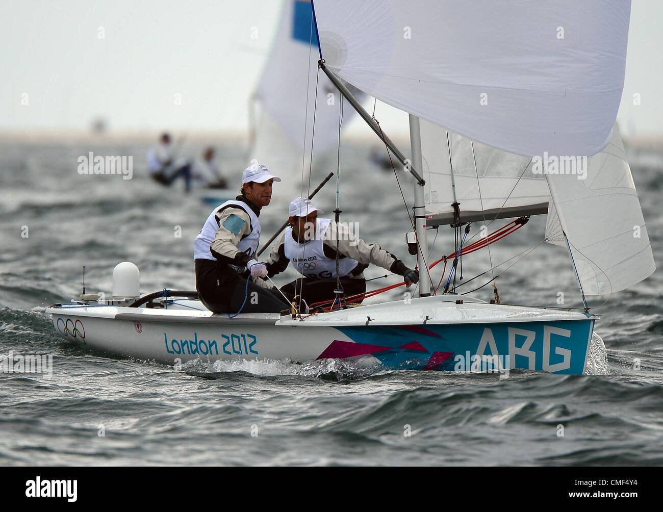 1st Aug 2012. London 2012 Olympics: Sailing, action during the London 2012 Olympic Games at the Weymouth & Portland Venue, Dorset, Britain, UK.  Lucas Calabrese and Juan de la Fuente of Argentina in the Men's 470 class August 01st, 2012 PICTURE BY: DORSET MEDIA SERVICE Stock Photo
